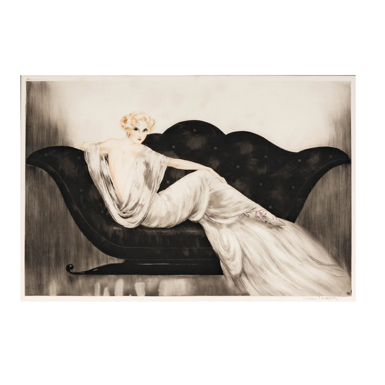 Louis Icart (French, 1888–1950), Le Sofa: etching in colors, signed lower right, sight: 17 x 20 in., frame: 23 1/4 x 26 3/4 in.
