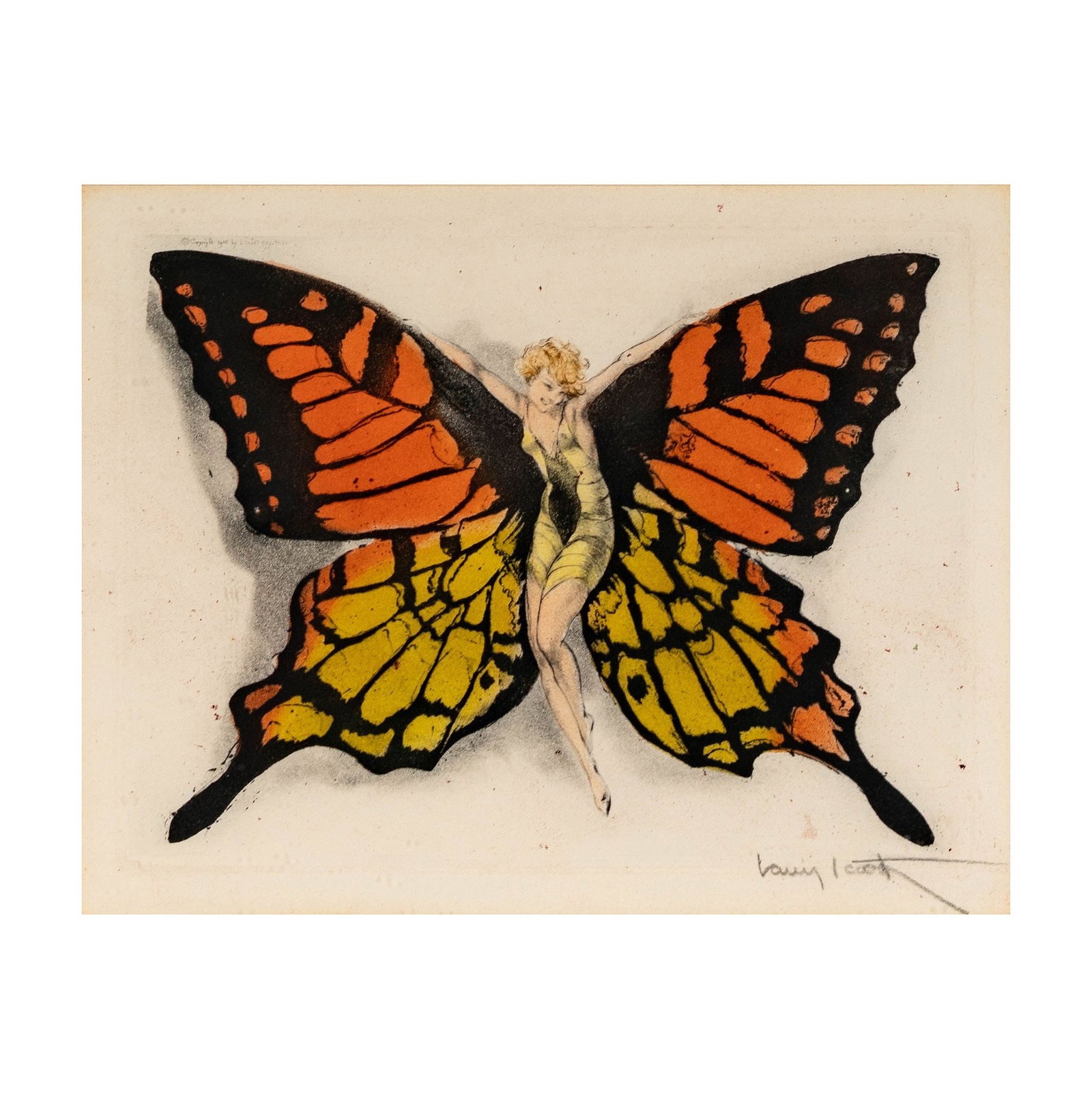 Louis Icart (French, 1888–1950), Papillon I: etching and aquatint, pencil signed lower right, blind stamp lower left, sight: 8 x 10 1/4 in., frame: 16 3/4 x 16 3/4 in.