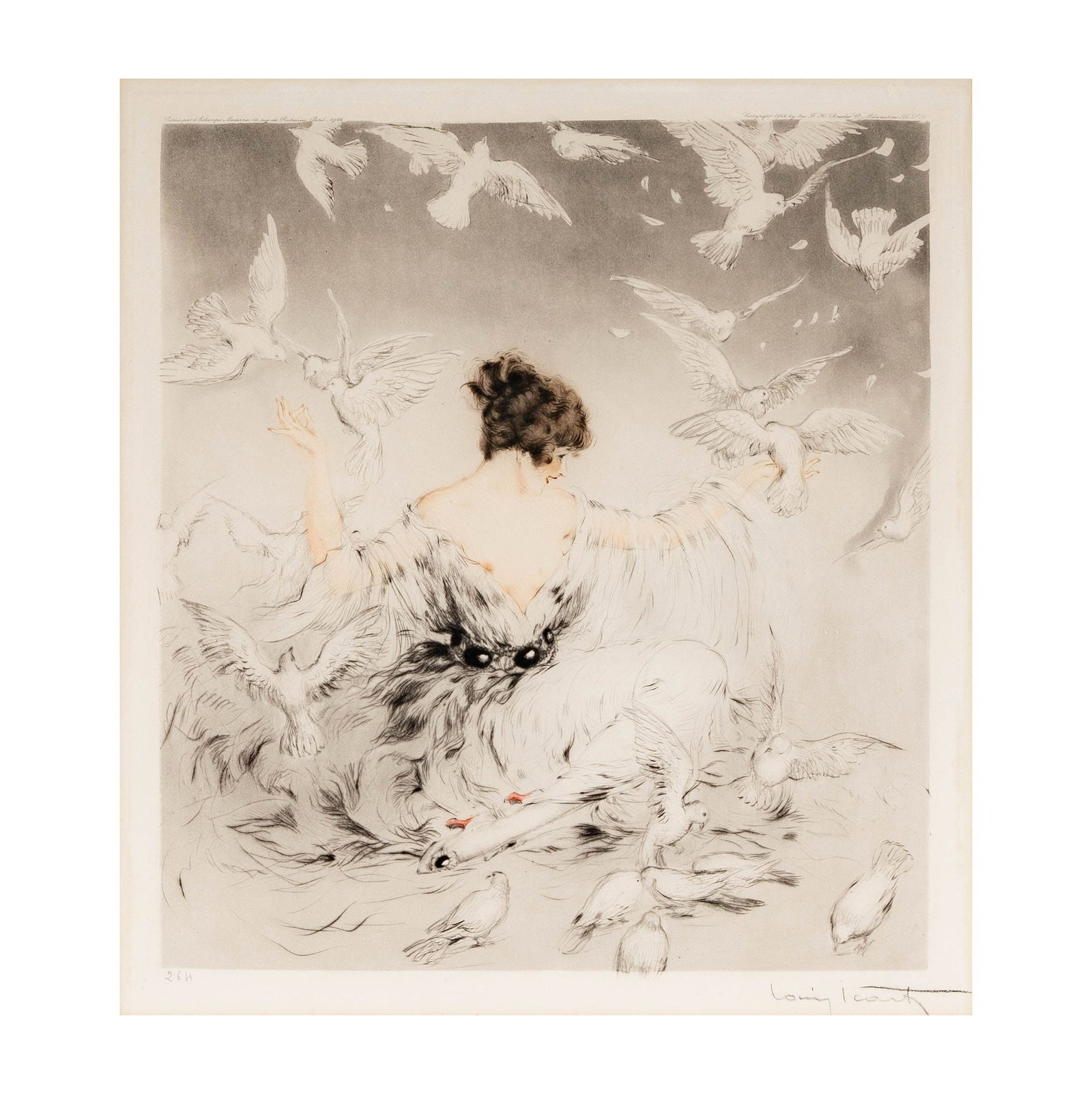 Louis Icart (French, 1888–1950), Lady With Doves: colored etching, pencil signed lower right, blind stamp lower left, sight: 16 1/4 x 14 1/4 in., frame: 22 1/2 x 21 in.