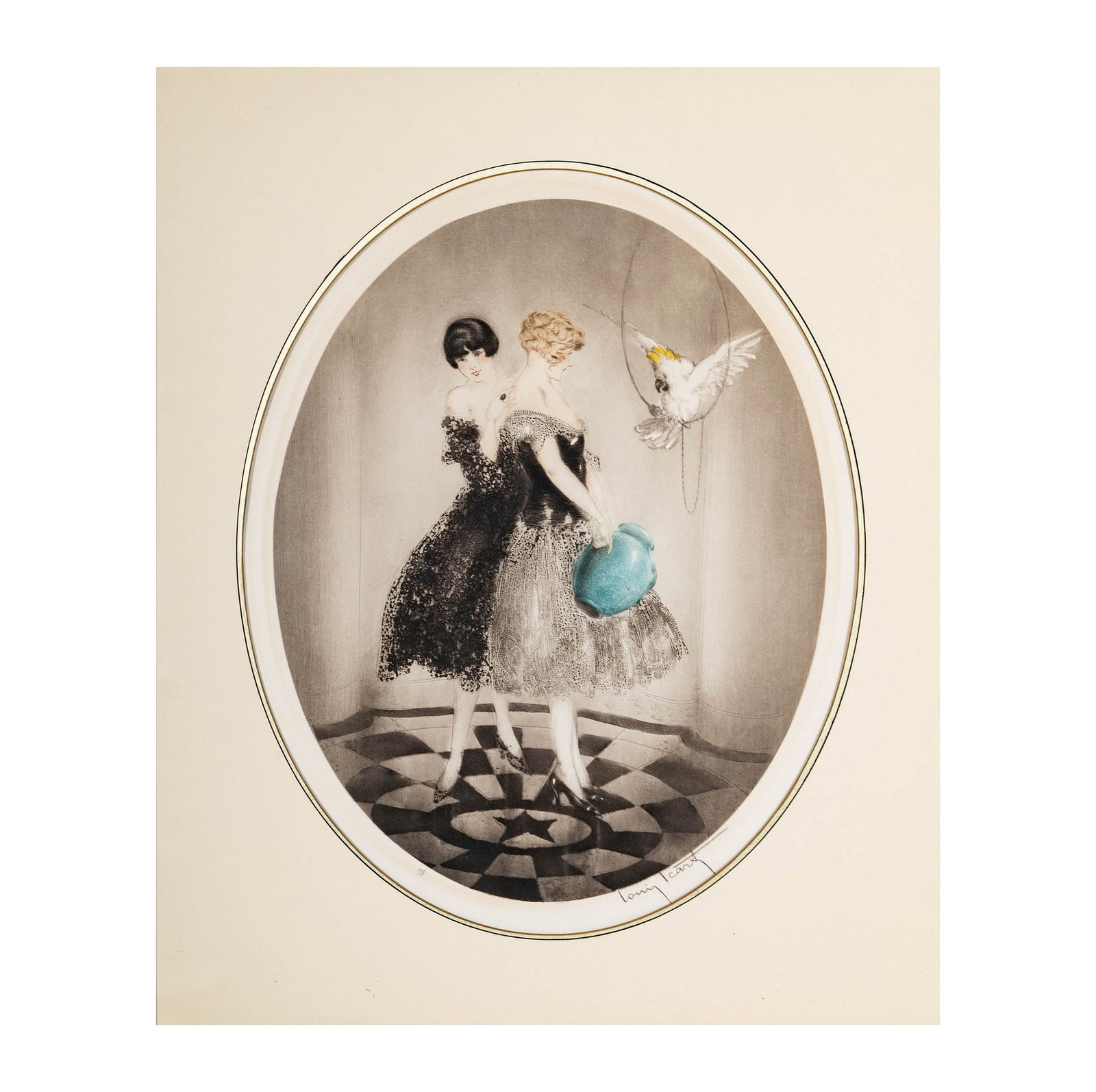 Louis Icart (French, 1888–1950), Gossip: etching in colors with aquatint, pencil signed lower right, dated 1998, blind stamp lower left, sight: 18 x 14 1/2 in., frame: 24 x 19 3/4 in.