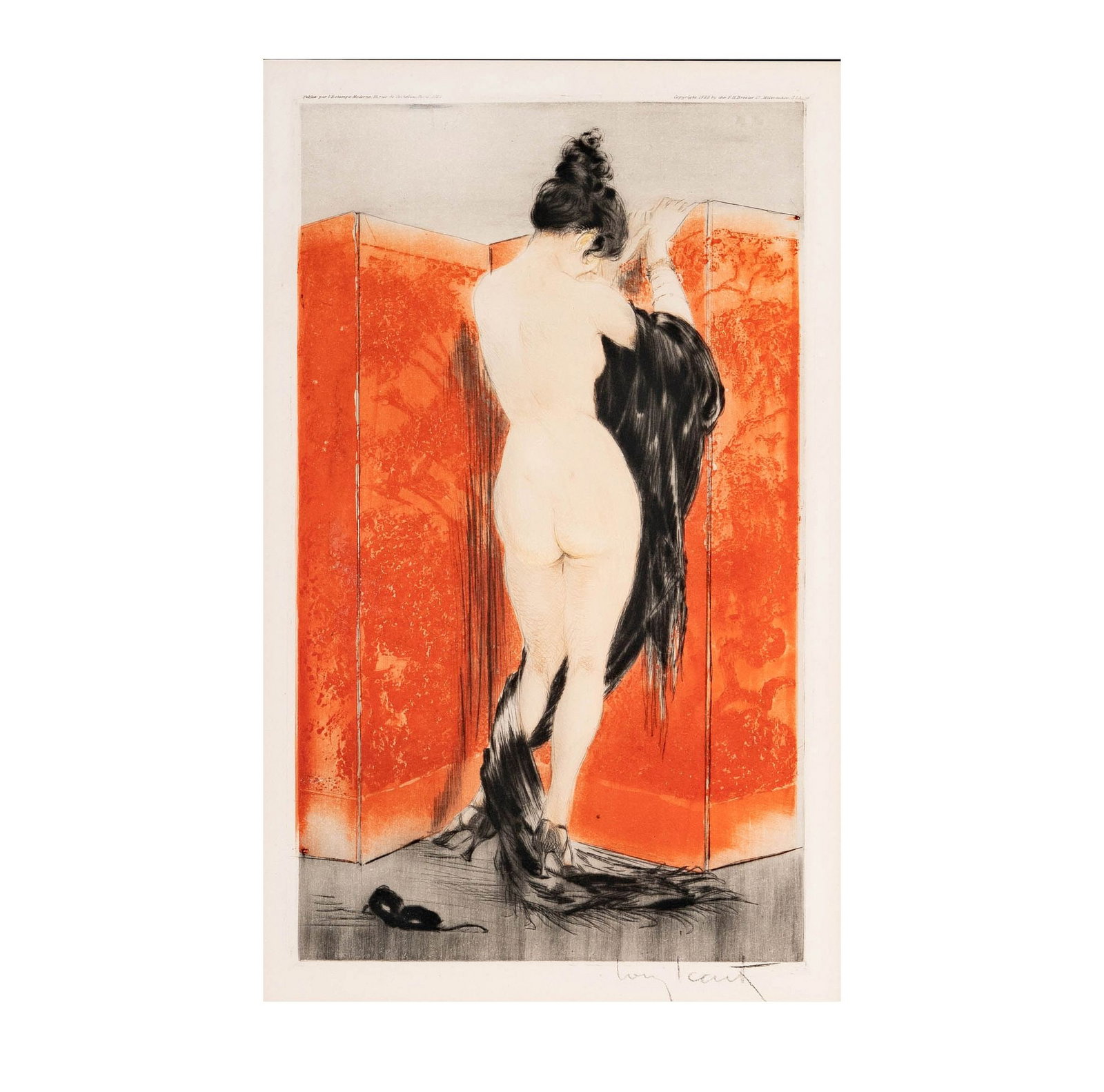 Louis Icart (French, 1888–1950), Lacquered Screen: Etching and aquatint, pencil signed lower right, sight: 15 1/2 x 9 1/2 in., frame: 23 x 17 in.
