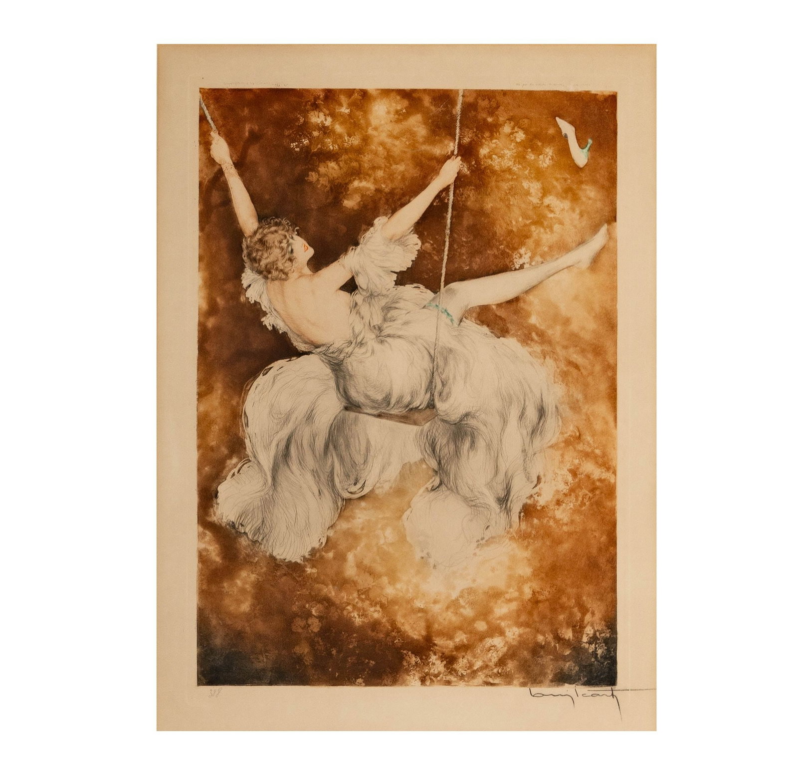 Louis Icart (French, 1888–1950), The Swing: etching, drypoint, and aquatint, 1928, pencil signed lower right, blind stamp lower left, sight: 21 1/2 x 15 1/2 in., frame: 30 x 24 in.