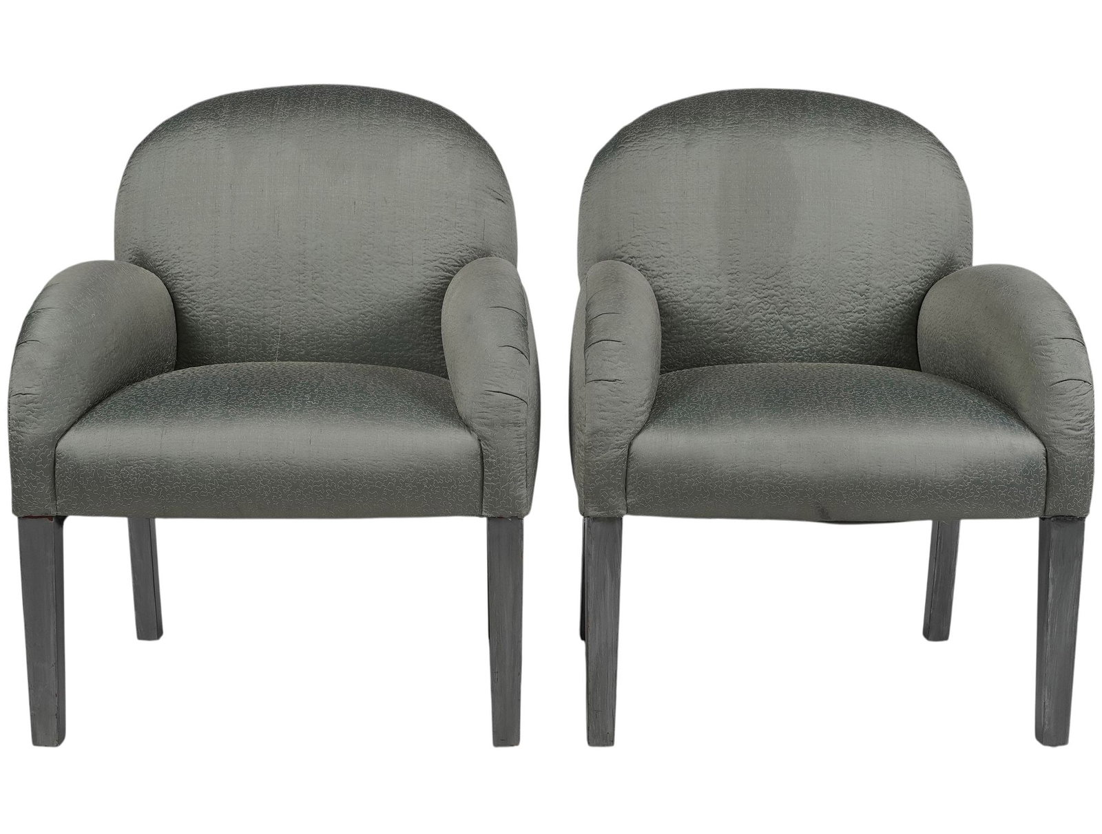Pair Green Upholstered and Painted Armchairs: 35 1/2 x 26 x 23 in., seat height 18 in.