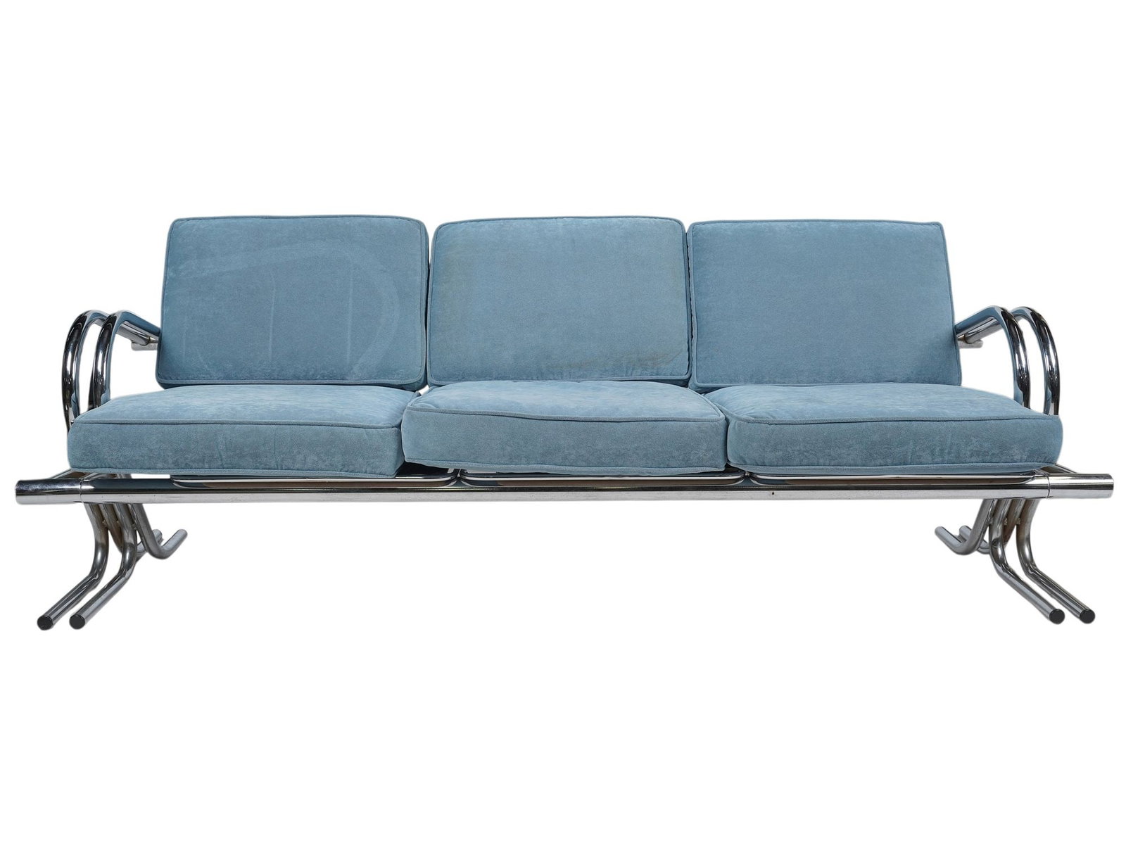 Kem Weber Style Tubular Chrome Sofa: 30 1/2 x 85 x 29 in., seat height: 17 1/2 in.