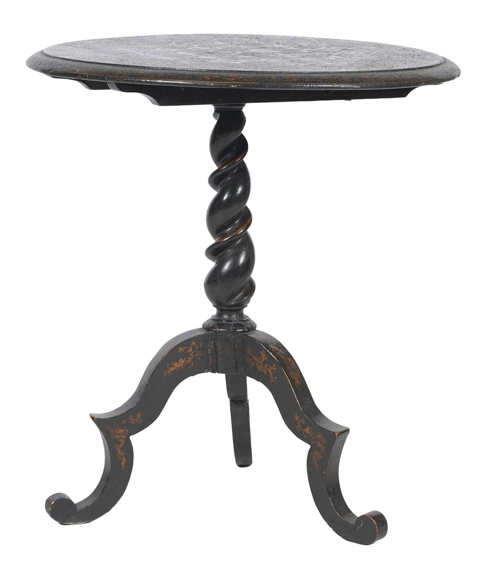 Lacquered and Inlaid Tripod Side Table: with mother-of-pearl inlay and tilt top, 25 1/2 x 24 in.
