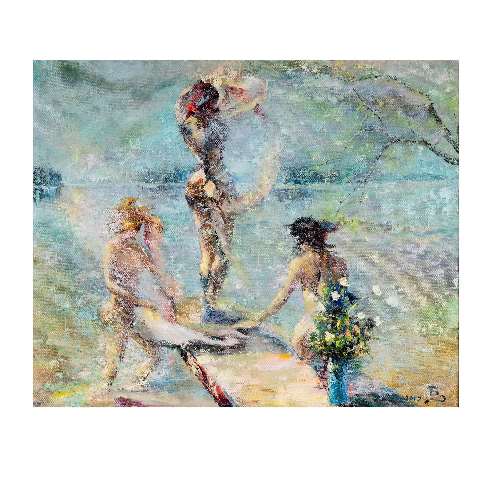 Vladimir Borodin (Ukrainian, 1941): Beach Scene with Three Figures: oil on canvas, signed and dated lower right, sight: 25 1/2 x 31 in., frame: 31 1/2 x 37 1/2 in.