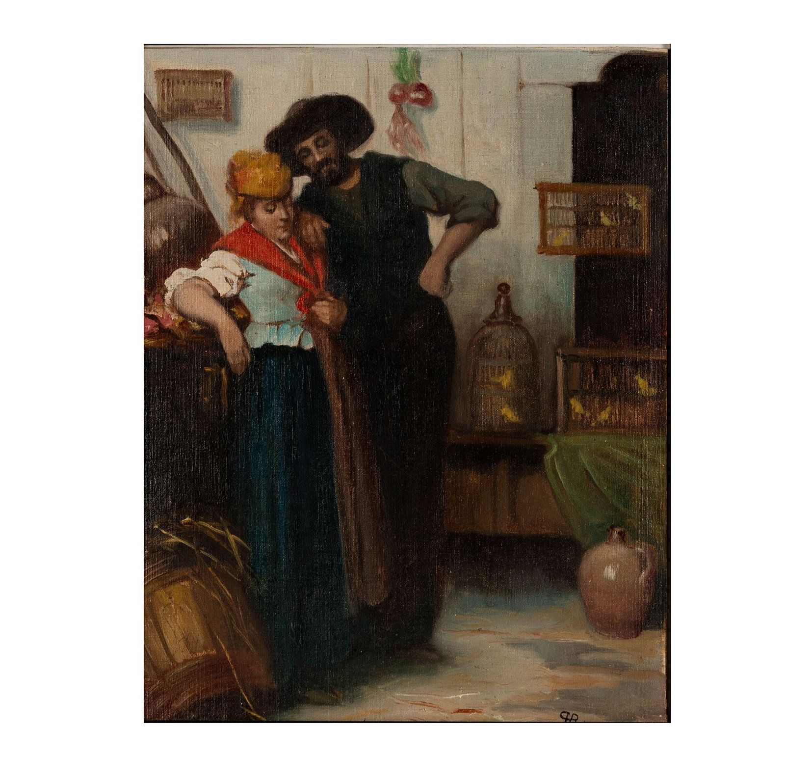 Interior Tavern Scene Painting: oil on canvas board, signed lower right, sight: 14 3/4 x 11 1/4 in., frame: 21 3/4 x 18 3/4 in.