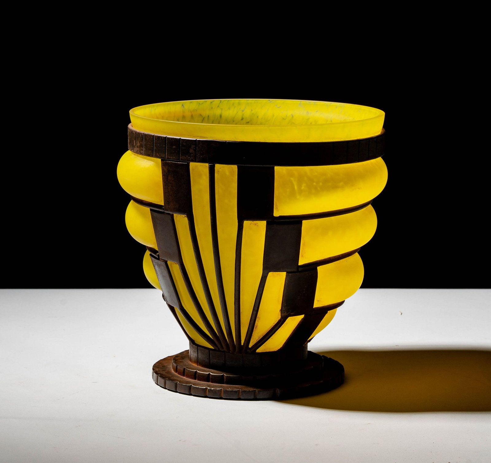 Daum Style Glass and Bronze Vase: 9 x 9 x 8 1/2 in.