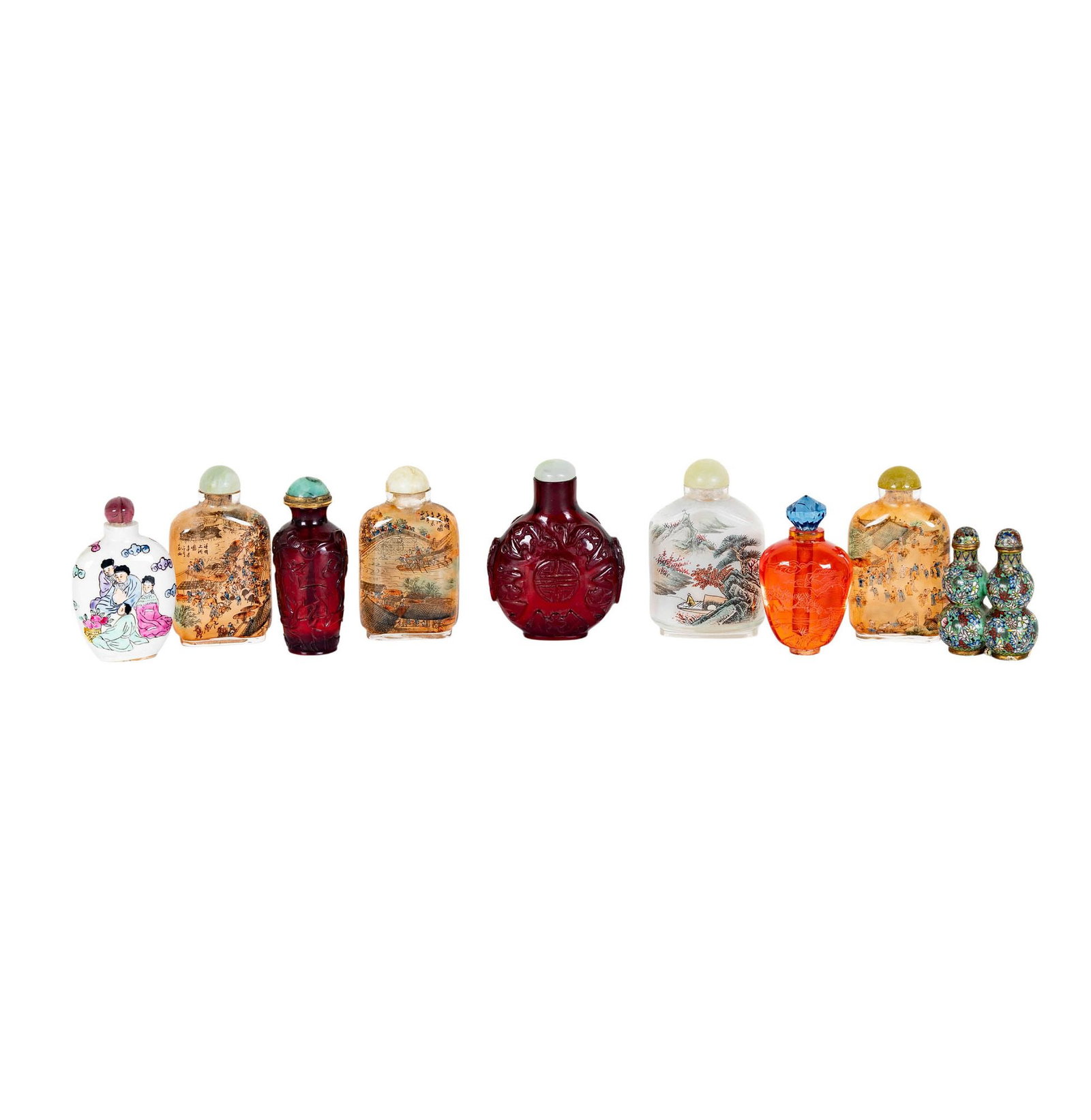 Nine Assorted Chinese Snuff Bottles: tallest 3 1/4 in.