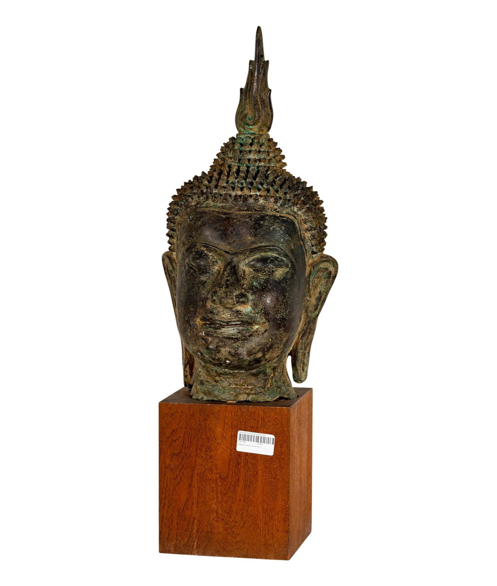 Large Bronze Bust of Buddha: on a wood stand, with stand approximately: 32 x 14 x 13 in.