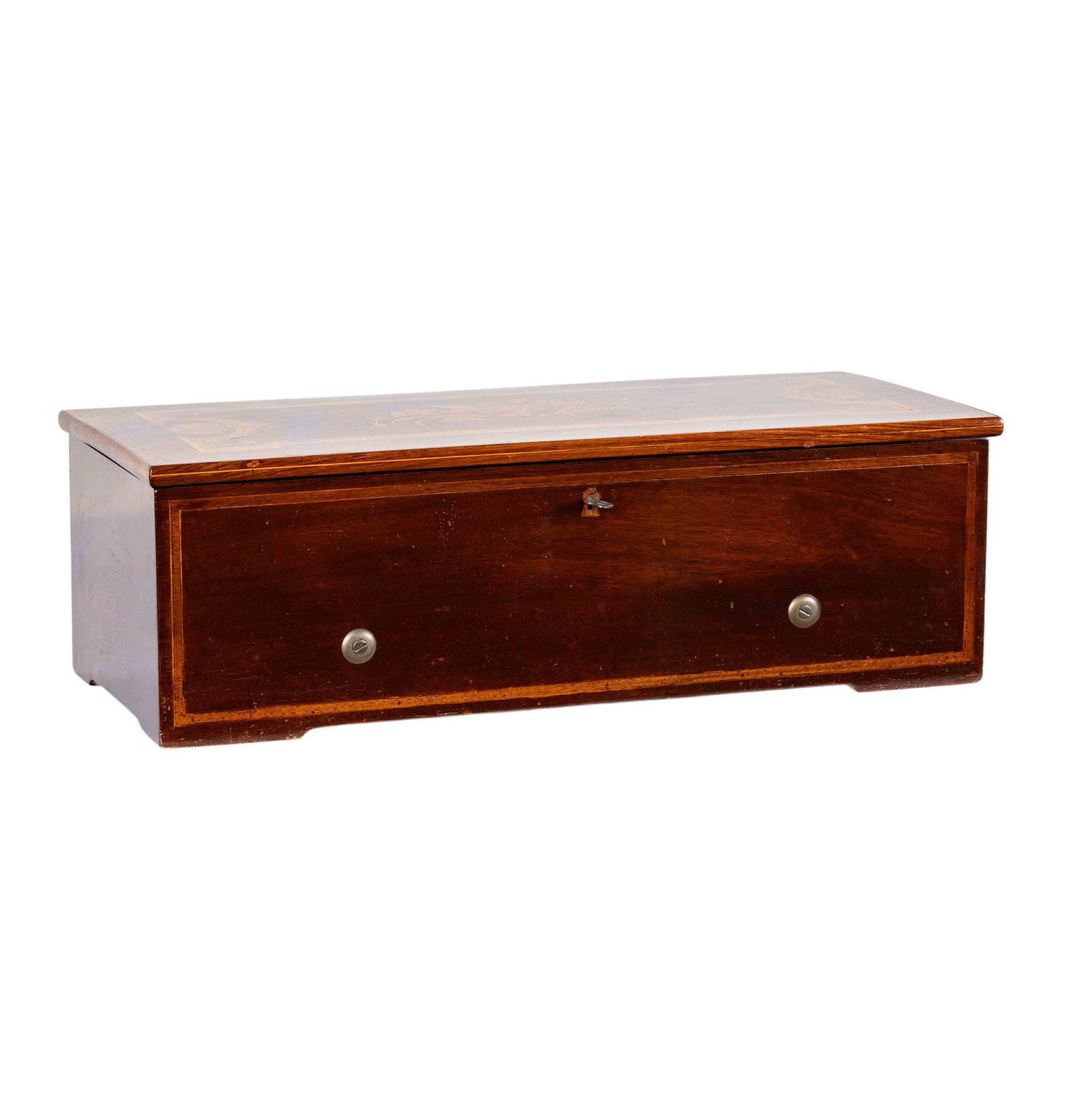 Nicole Freres Inlaid Cylinder Music Box: with a metal plaque to the interior and a cylinder, 6 3/4 x 21 1/4 x 9 3/4 in.