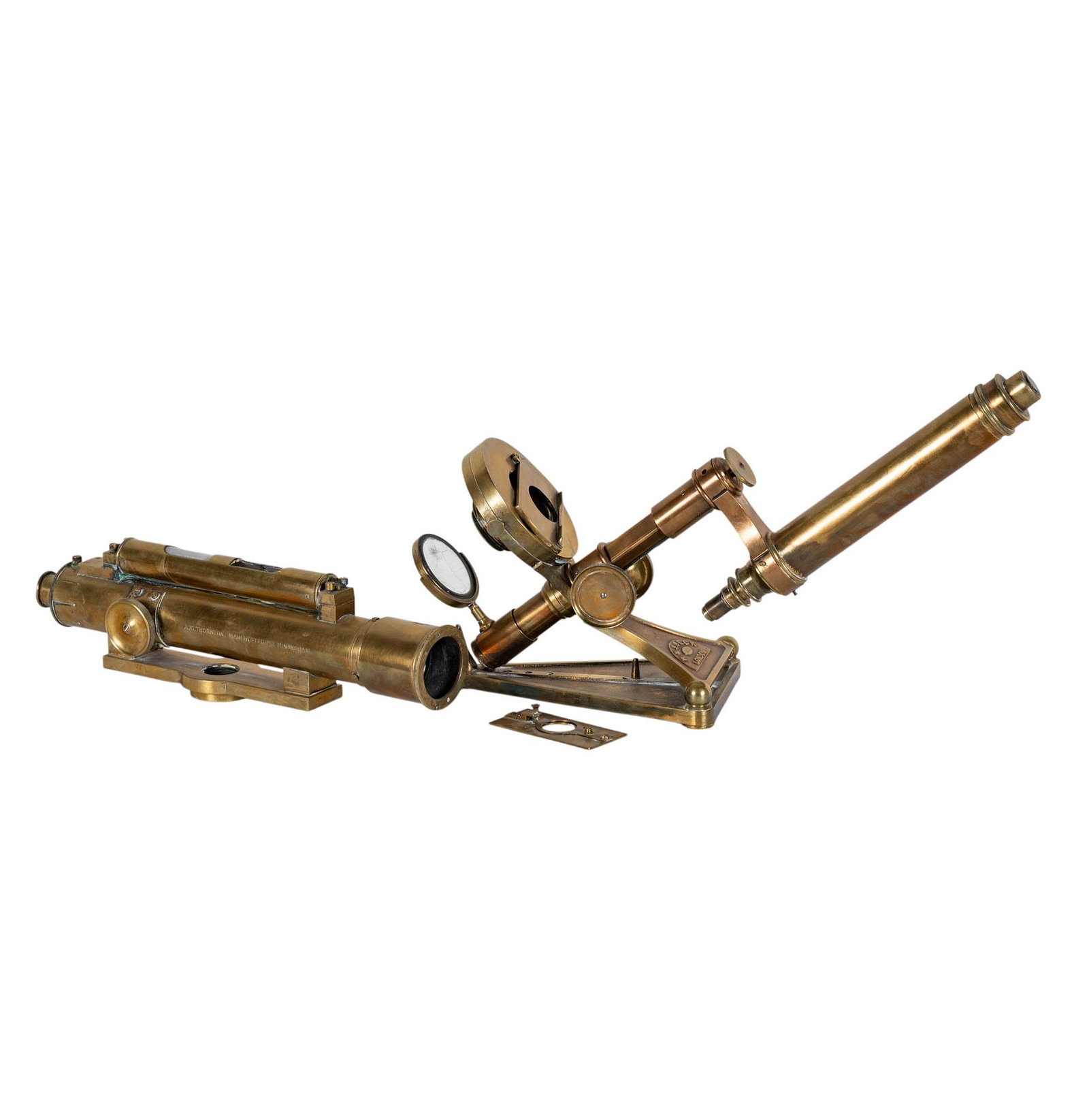 Two Vintage Brass Scientific Tools: one marked R & J Beck London, and the other A. G. Thornton, Manchester & Birmingham, largest: 9 x 18 x 5 in.