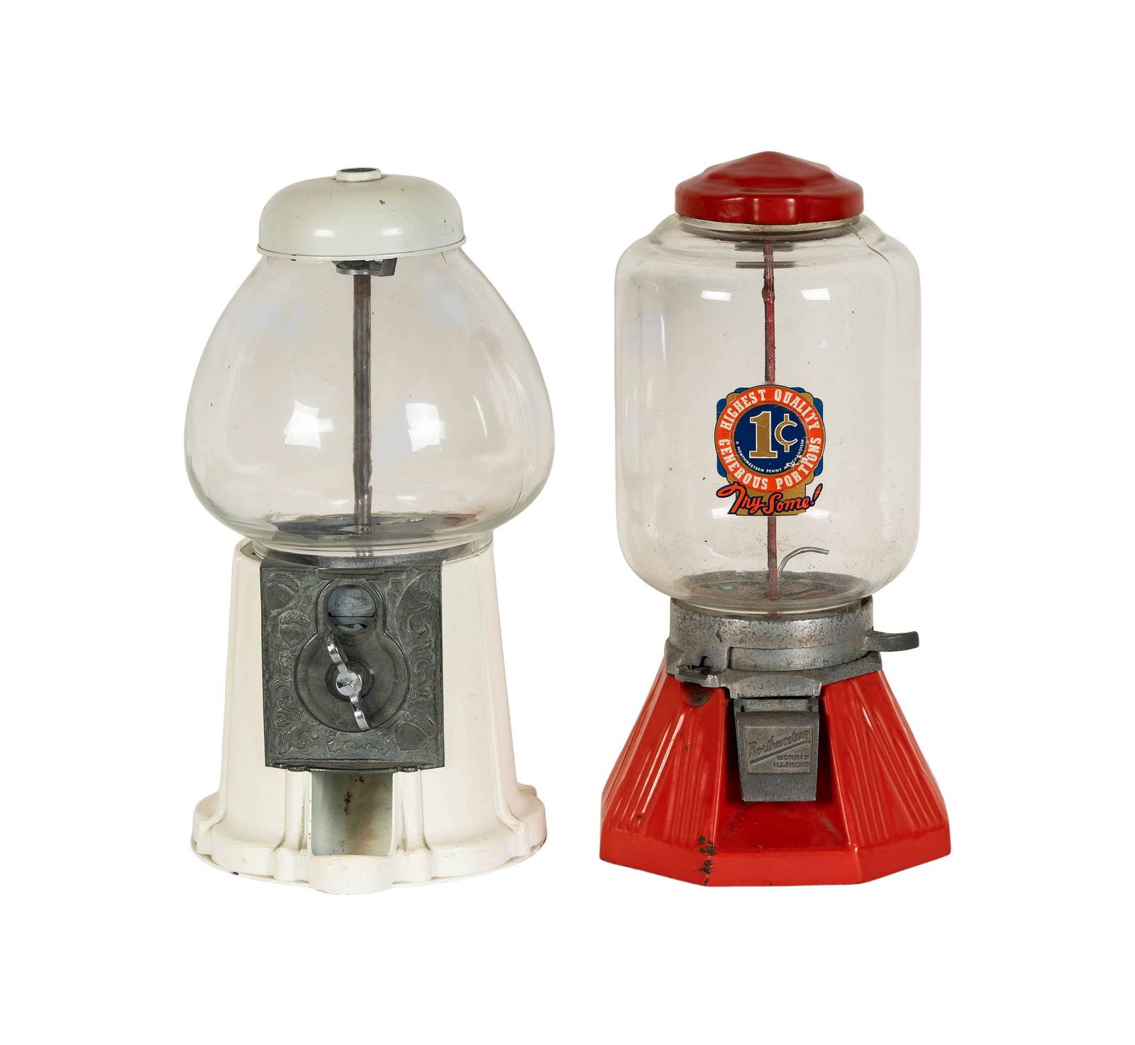 Two Vintage Candy Machines: tallest: 15 x 8 x 8 in.