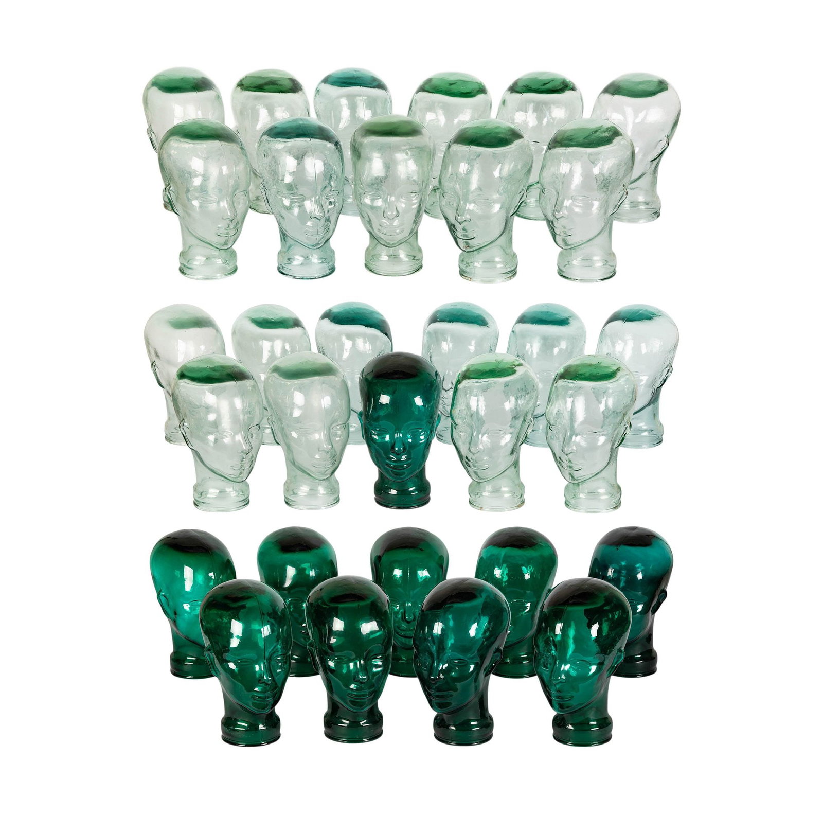 Large Group of Glass Mannequin Heads: total of 31 items.