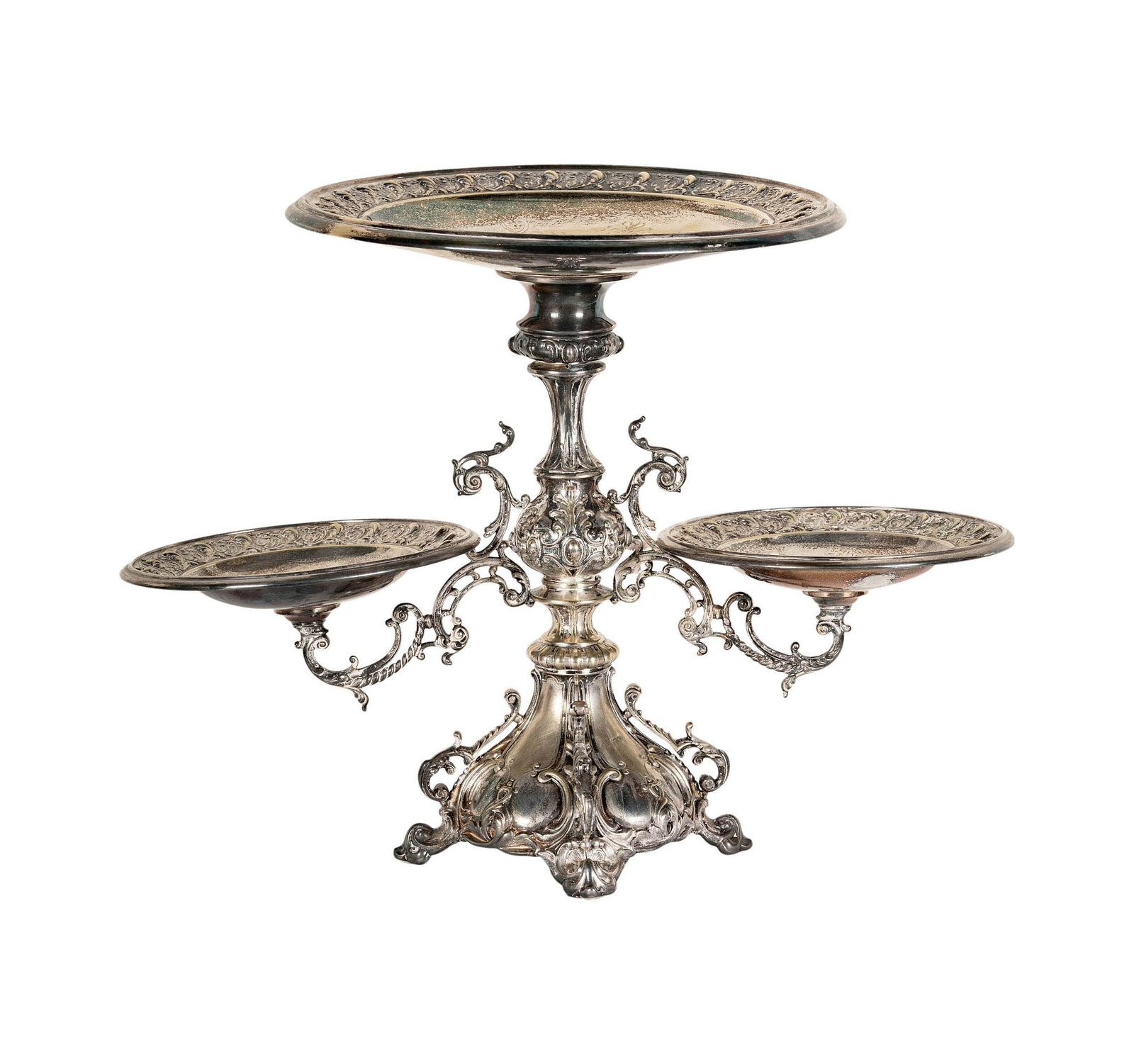 Large Art Nouveau Silverplate Epergne: hallmarked on side of base, 16 1/2 x 21 1/2 in.