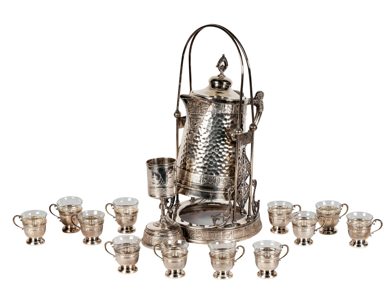 Silverplate Kettle On-Stand with Chalice and Demitasse Cups: with twelve sterling silver and glass demitasse cups, marked to the underside, kettle stand 18 in. high, approximately 322 grams of weightable sterling only