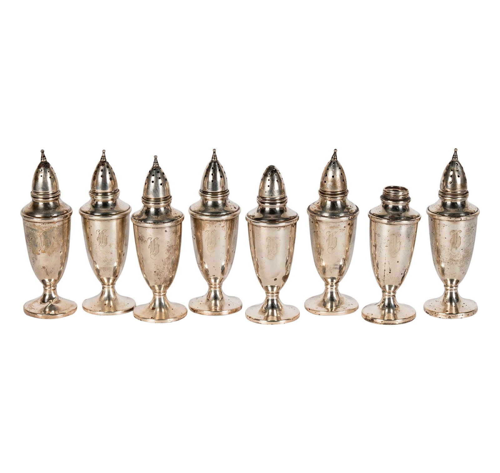 Group of Sterling Silver Salt and Pepper Shakers: each marked to the underside, 8 pieces total, 5 3/4 in. high, approximately 351 grams