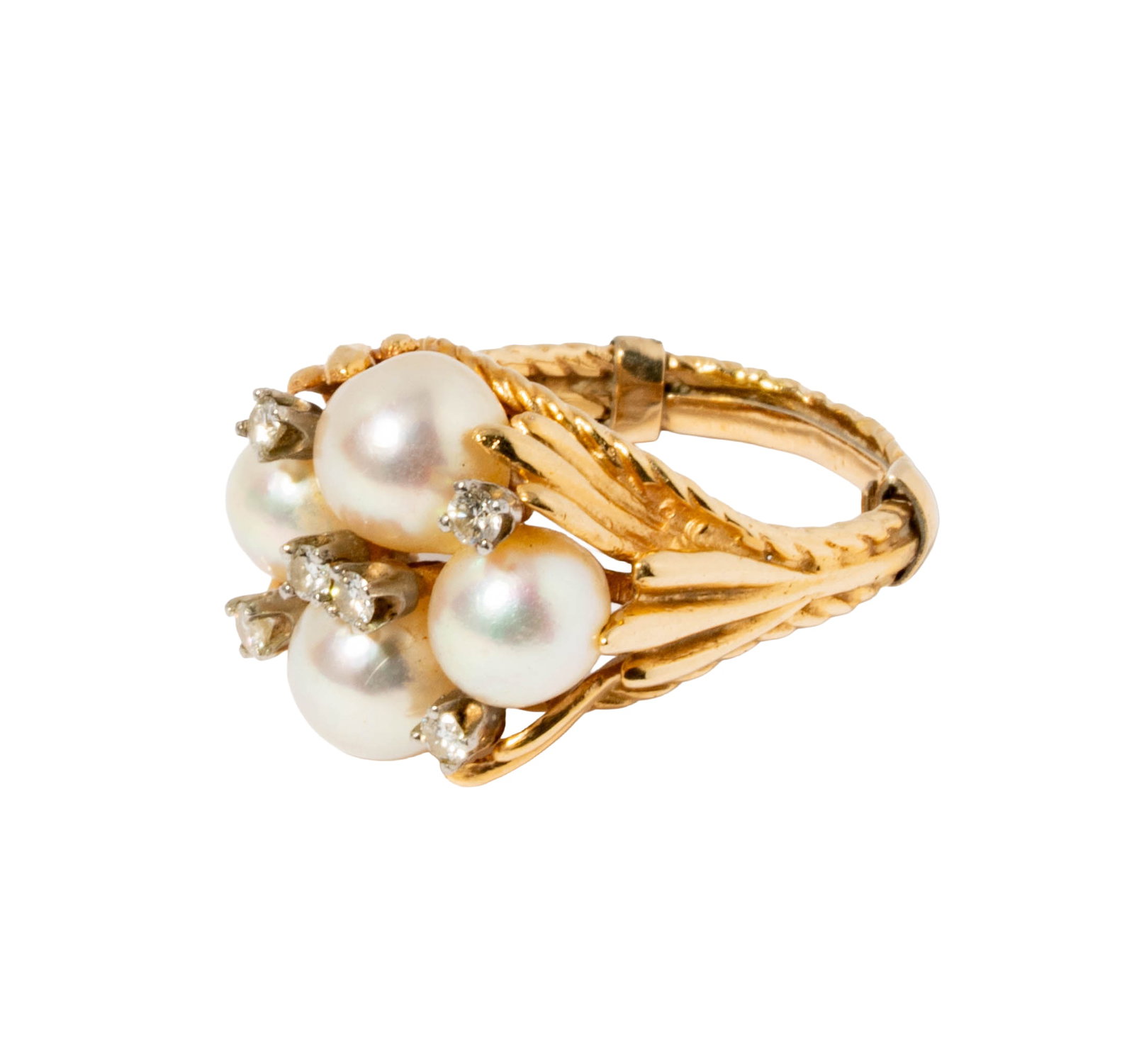 14 Karat Yellow Gold, Diamond, and Cultured Pearl Ring: Including one 14 karat yellow gold diamond and pearl ring, set with four round pearl measuring 6.30-7.25mm in diameter, and accented with six diamonds, weighing approximately 0.20 carats; ring size: 7