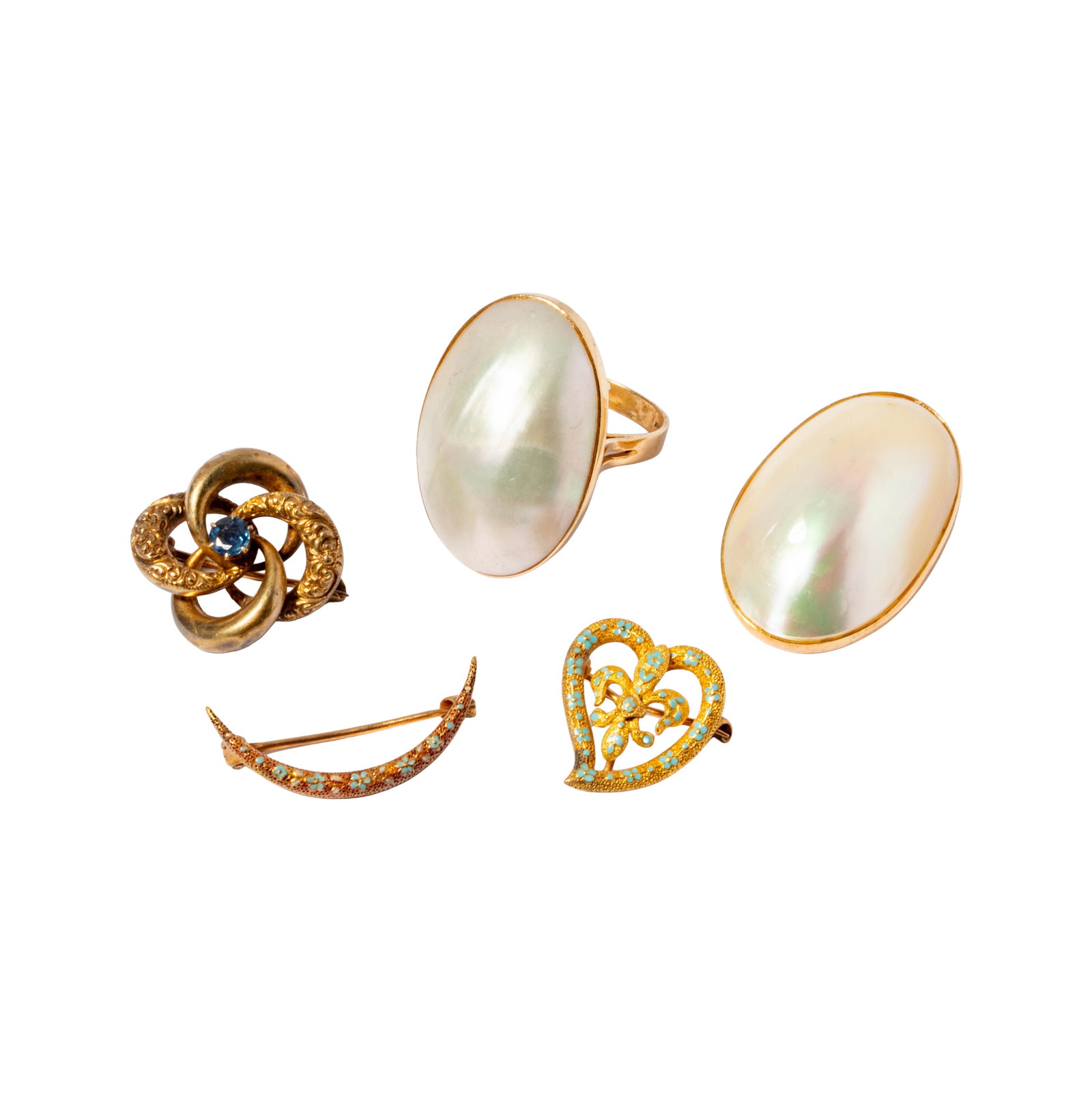 Three Krementz & Co.Art Nouveau 14 Karat Yellow Gold Brooches, with Pearl Ring, and Pendant: Including one unmarked 14 karat yellow gold pendant with matching ring, pendant measuring 1-3/16 inches tall, ring size: 7, and three Art Nouveau 14 karat gold, enamel and gem-set brooches, together w