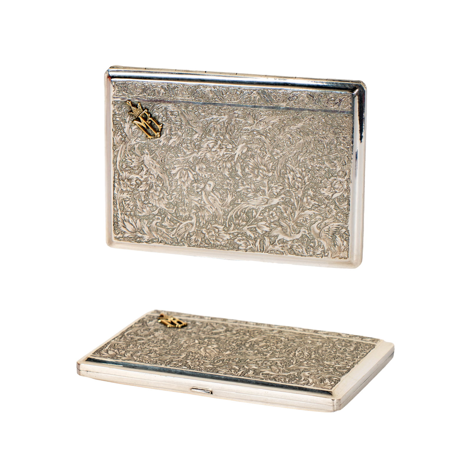 Monogrammed Silver and Gold Engraved Cigarette Case: Including one sterling silver and 18 karat gold monogram engraved cigarette case, measuring 4-1/4 inches tall by 3-1/8 inches wide, weighing 161.1 grams;