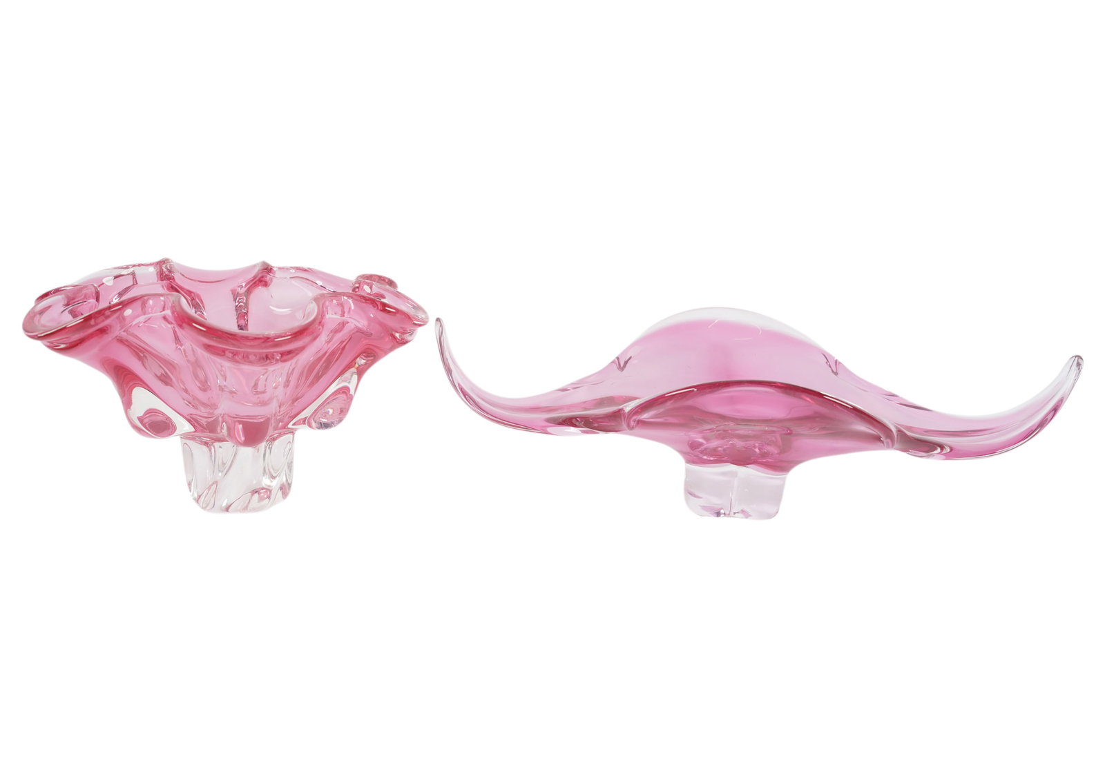 Two Pink Art Glass Modern Table Articles: Modernist free-form shapes, tallest: 5 1/2 x 10 x 10 1/2 in.