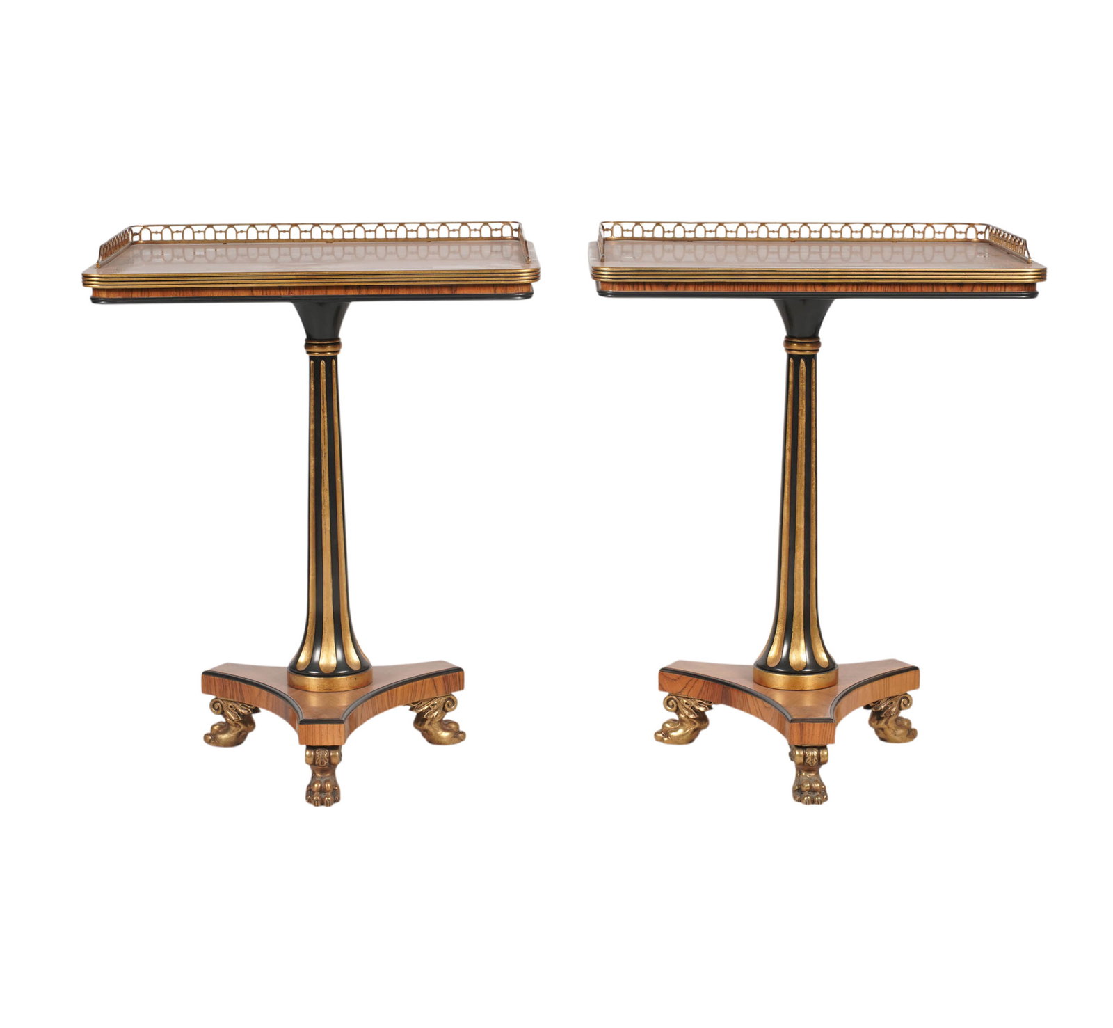Pair of Theodore Alexander Regency Tables: with gallery rim, 27 1/2 x 22 x 16 in.