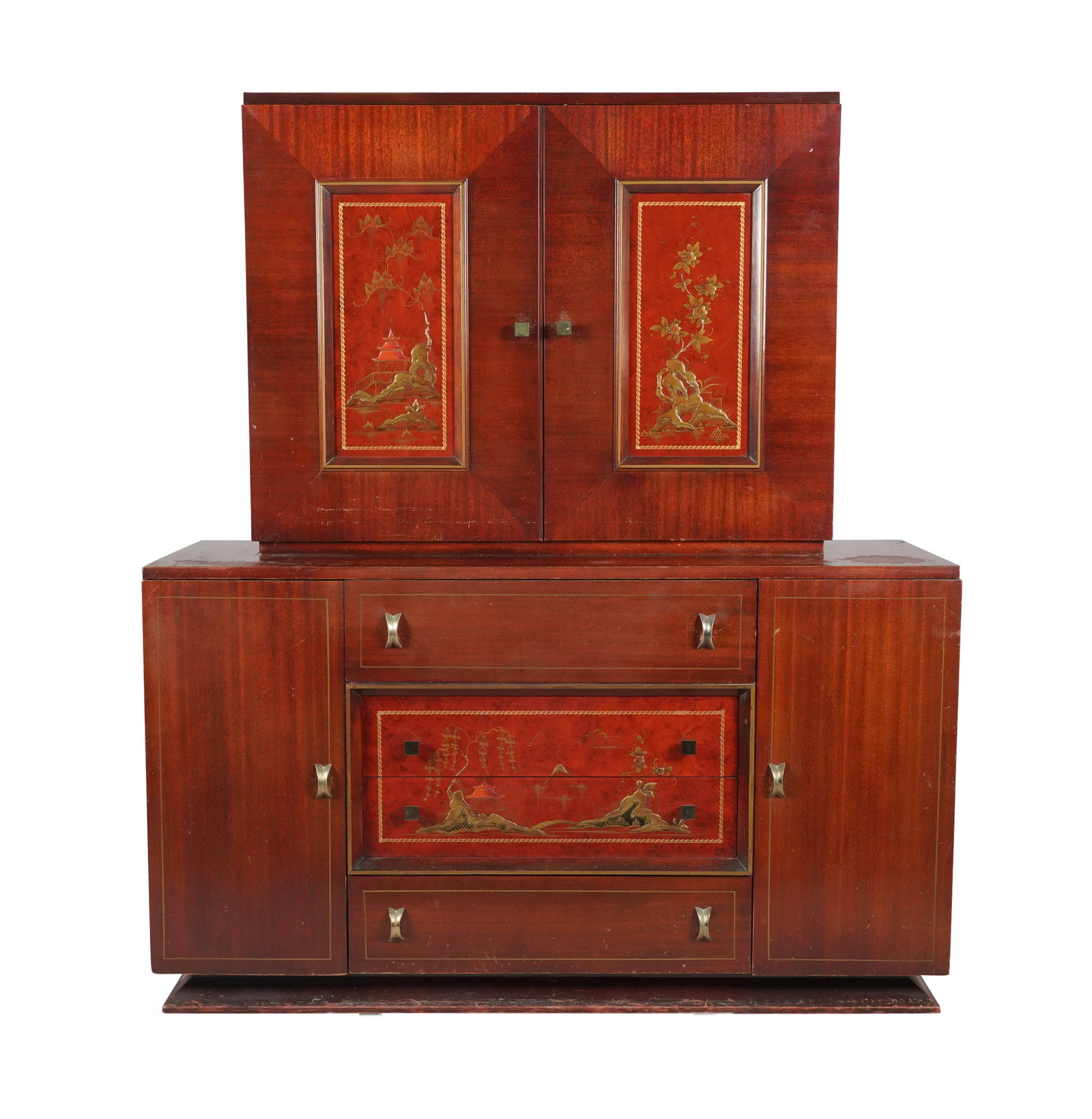 Late Deco Japanned Mahogany Cabinet: in two parts, 64 x 54 1/2 x 19 in.