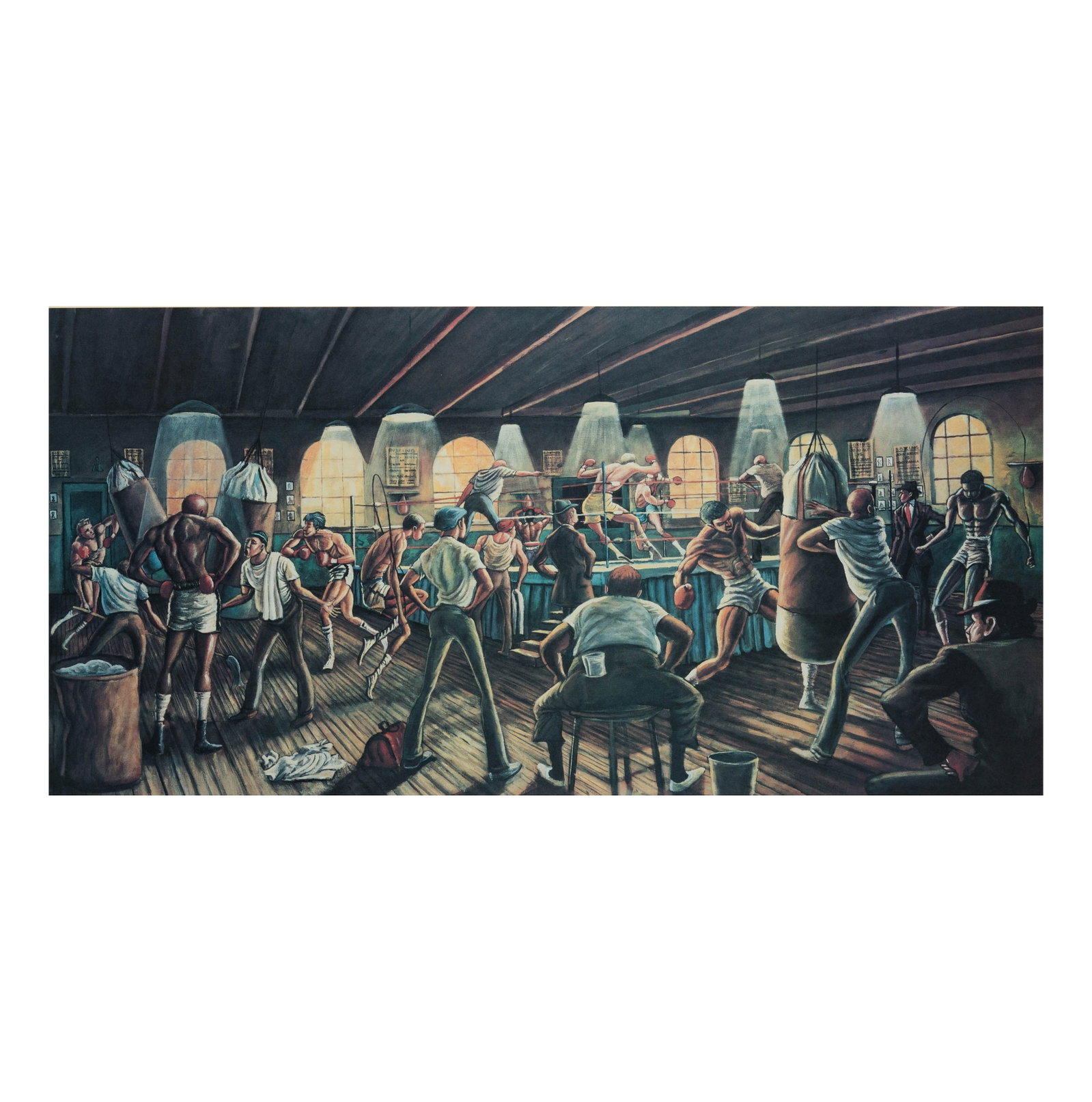 Ernie Barnes (1938-2009), Boxing Gym: lithograph, pencil signed lower right, titled lower center, and numbered 47/750, frame: 43 1/2 in x 26 1/2 in.