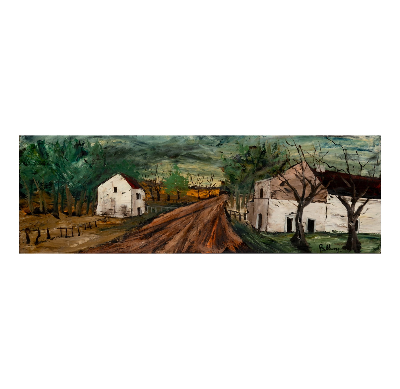French Narrow Landscape: oil on board, signed lower right, canvas: 17 1/2 x 46 1/2 in., frame: 52 1/2 x 23 1/2 in.