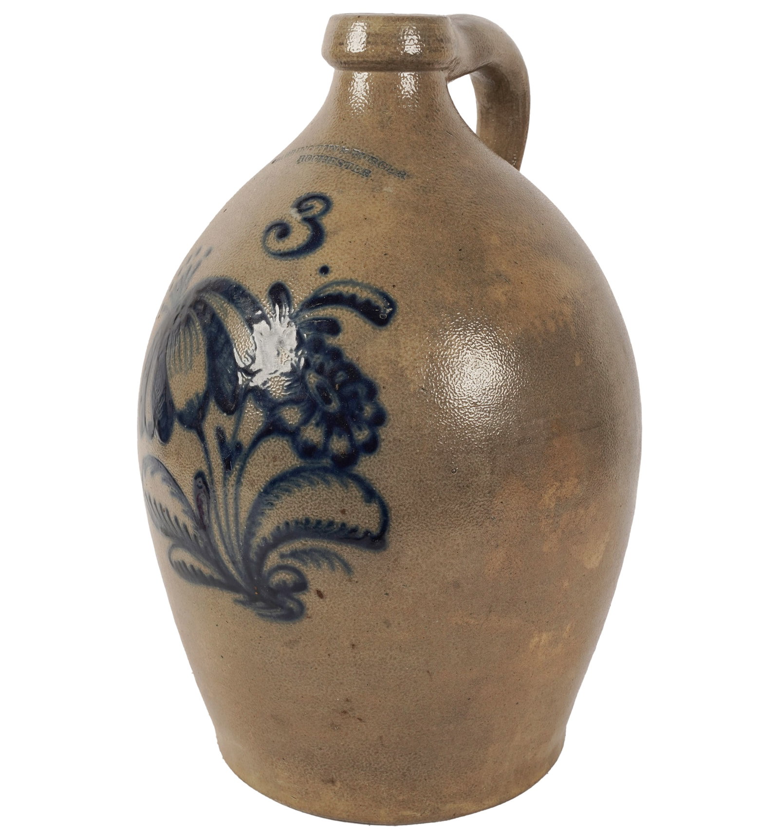 Harrington & Burger Stoneware Jug, Rochester N.Y.: advertising Jug from Rochester New York, Stylized floral, #3 capacity., 15 x 10 x 10 in.