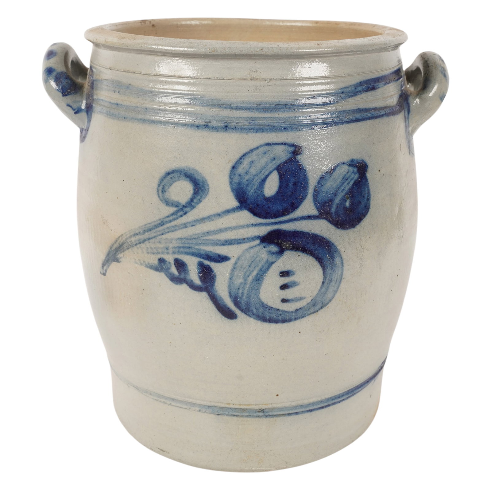 A Westerwald Salt Glazed Stoneware Crock: Double handles, cobalt decorated stoneware crock, :13 1/2 x 13 x 10 1/2 in.