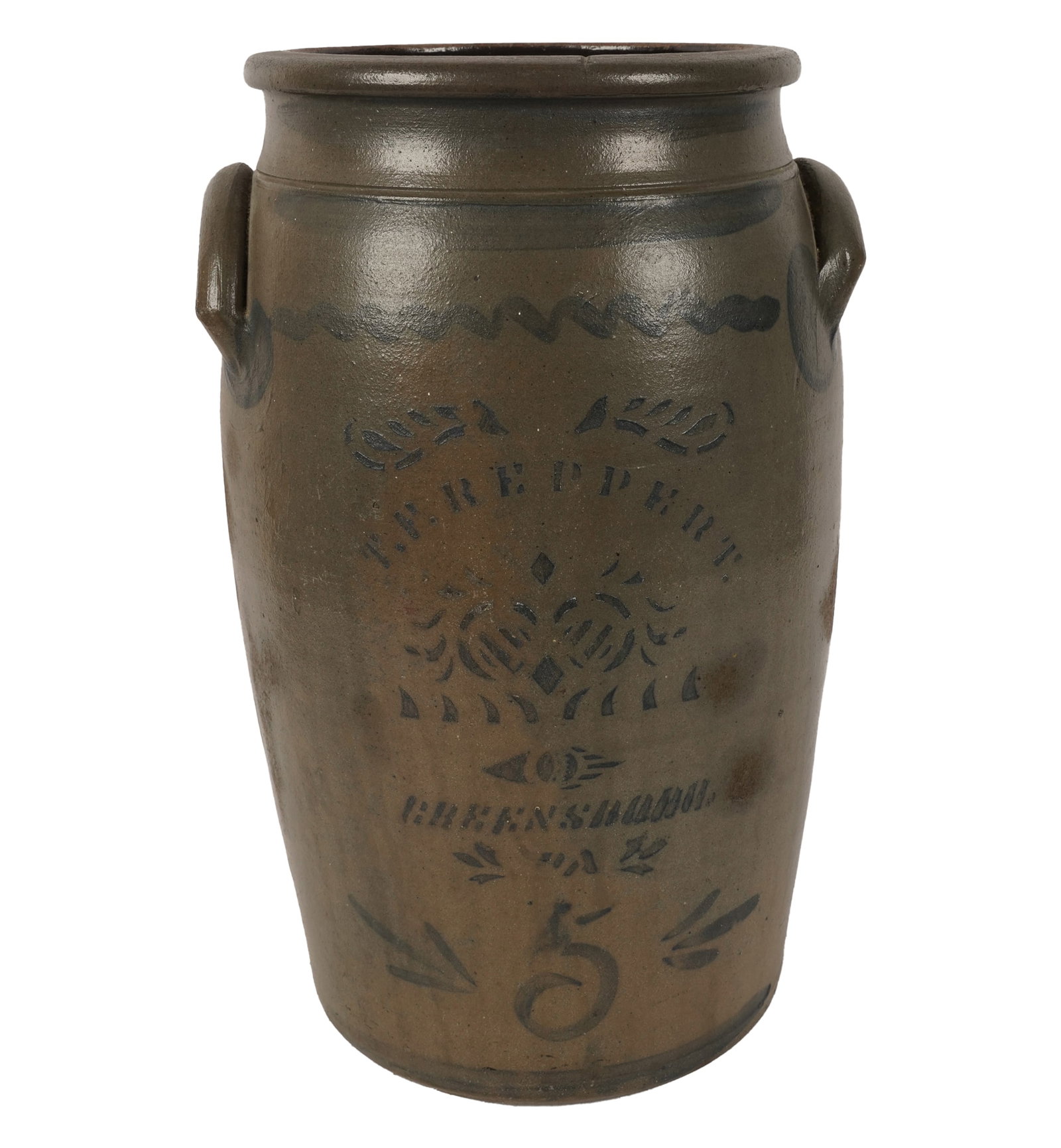 T. F. Reppert, Greensboro, PA Stoneware Jar: 5 gallon stoneware jar with cobalt decoration and applied handles, :17 3/4 x 11 1/2 x 11 in.