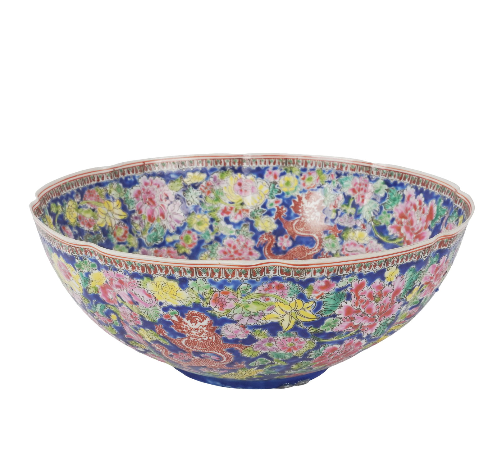 Chinese Famille Rose Eggshell Porcelain Bowl: with red Chinese characters to underside, 4 1/4 x 10 3/4 in.