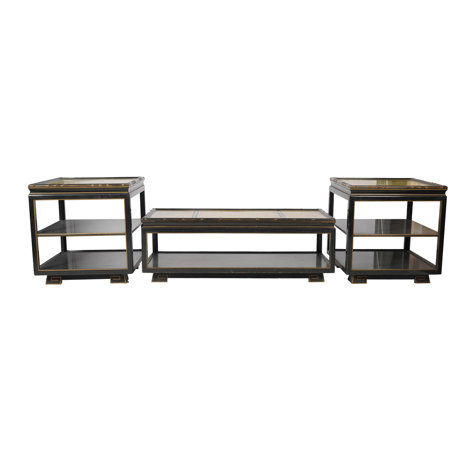 Hollywood Regency Black Lacquer Living Room Suite: end tables: 25 x 24 x 24 in., coffee table: 16 x 48 x 21 in.