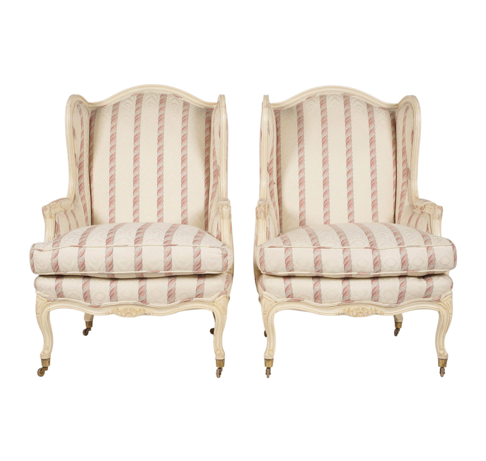 Pair of Upholstered and Painted Wingback Chairs: 43 1/2 x 26 x 22 in., seat height: 20 in.