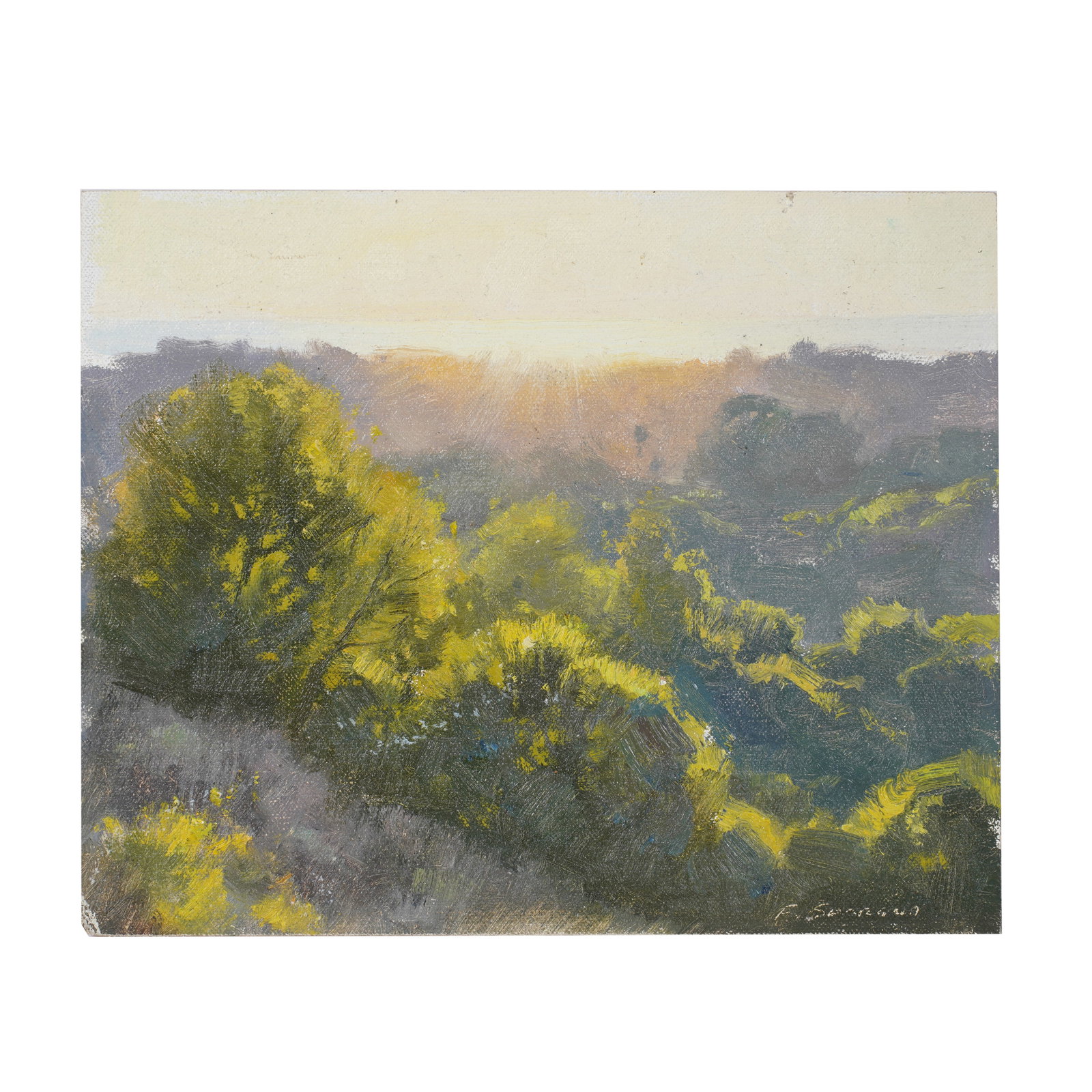 Frank Serrano (b. 1967), Sunset Approach: oil on canvasboard, signed lower right, signaed again, dated titled, and inscribed "Painted in Santa Barbara" verso, 8 x 10 in.