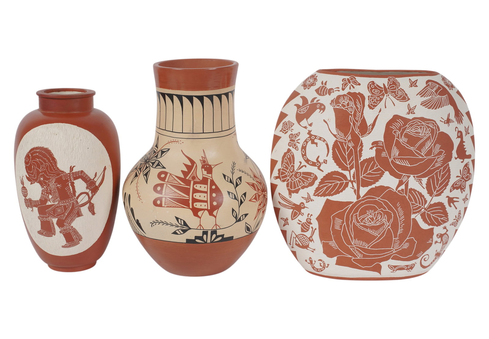 Three Assorted Pueblo Pottery Vases: All signed the on underside, tallest: 10 1/2 in.