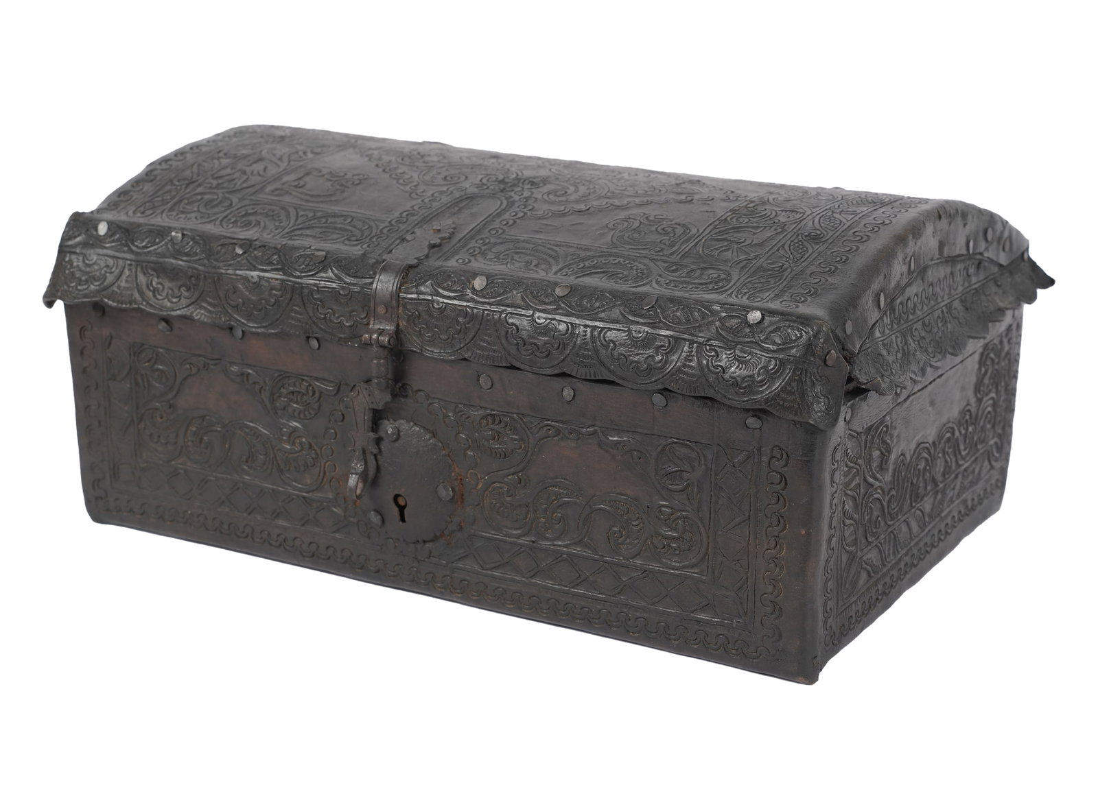 Spanish Colonial Documents Box: tooled leather, with key, 7 1/2 x 17 x 12 in.