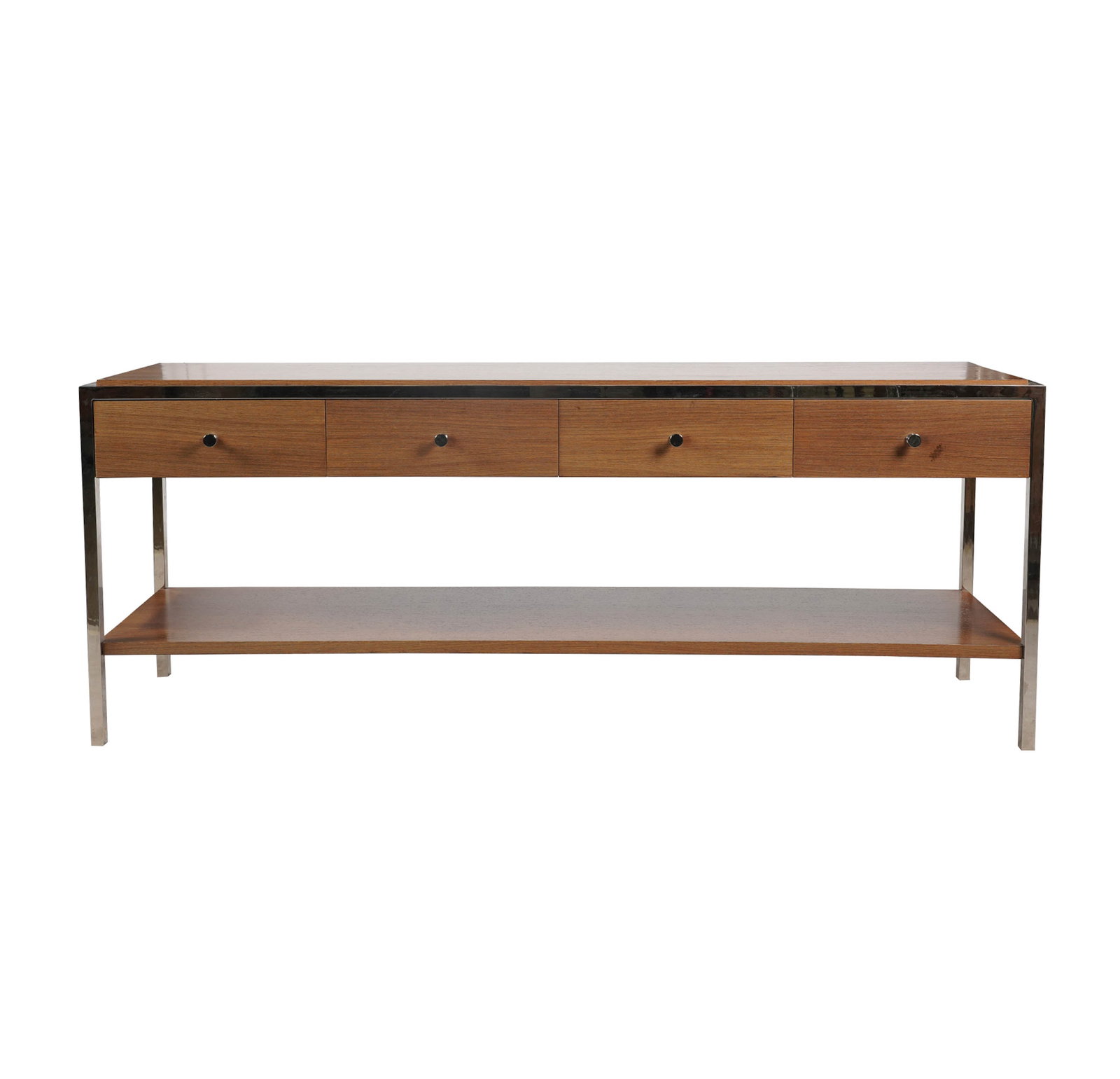 Contemporary Chrome and Wood Credenza: with four pull-out drawers, no label, 28 1/2 x 72 x 18 in.