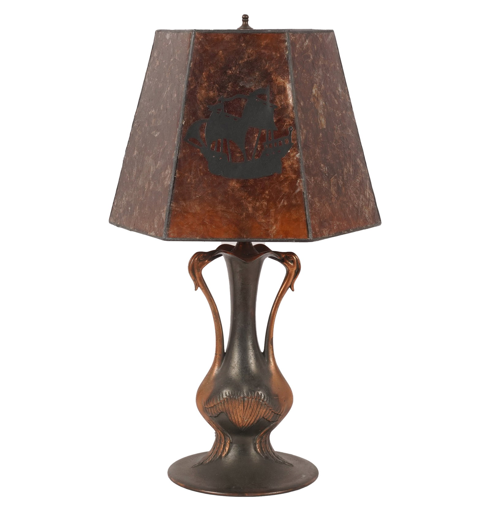 Vintage Arts and Crafts-Style Bronze Crane and Mica Shade Table Lamp: 23 x 12 in.