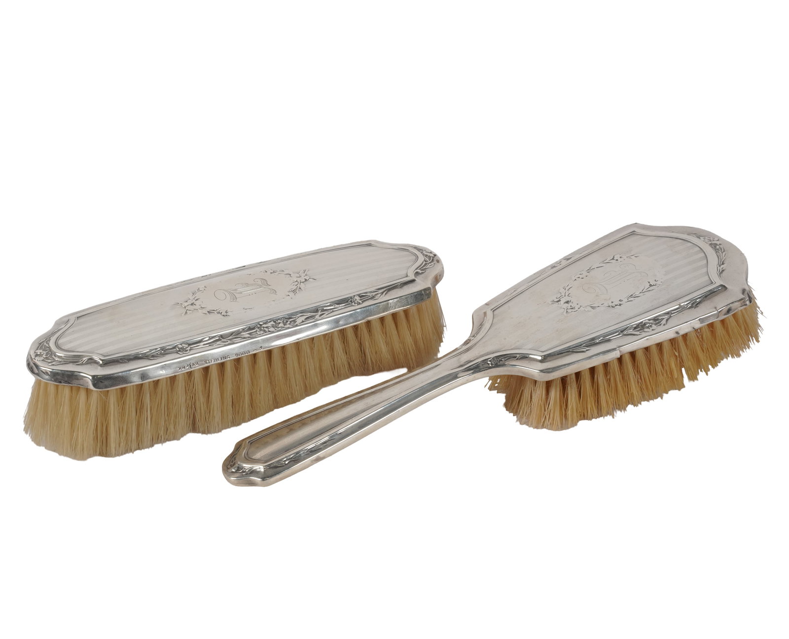 Sterling Monogrammed Dresser Set: Each marked sterling, largest: 9 1/2 x 3 in.