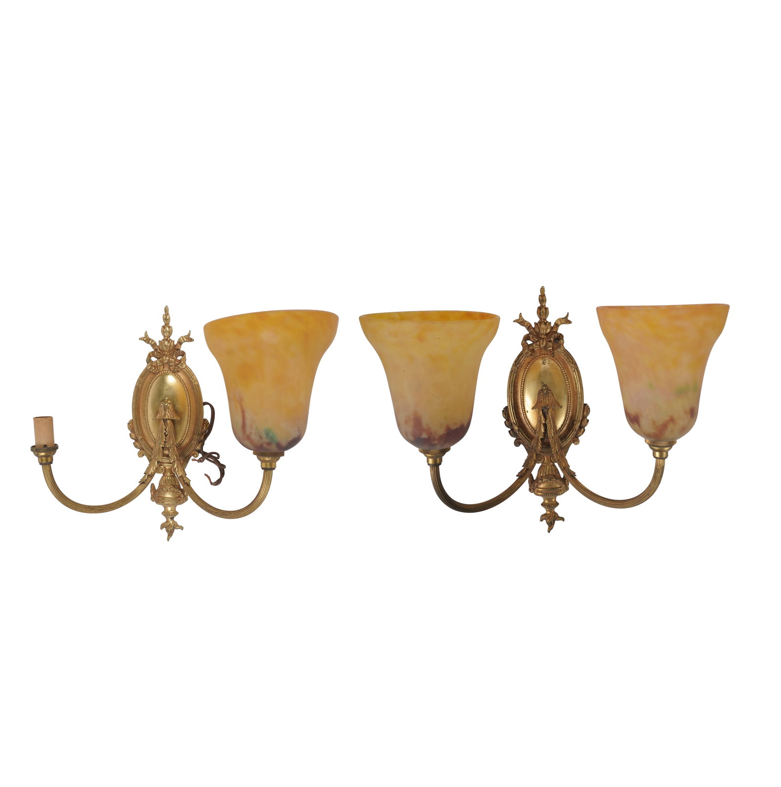 Pair of Neoclassical Style Gilt Metal and Art Glass Two light Sconces: 12 3/4 x 14 x 9 in.