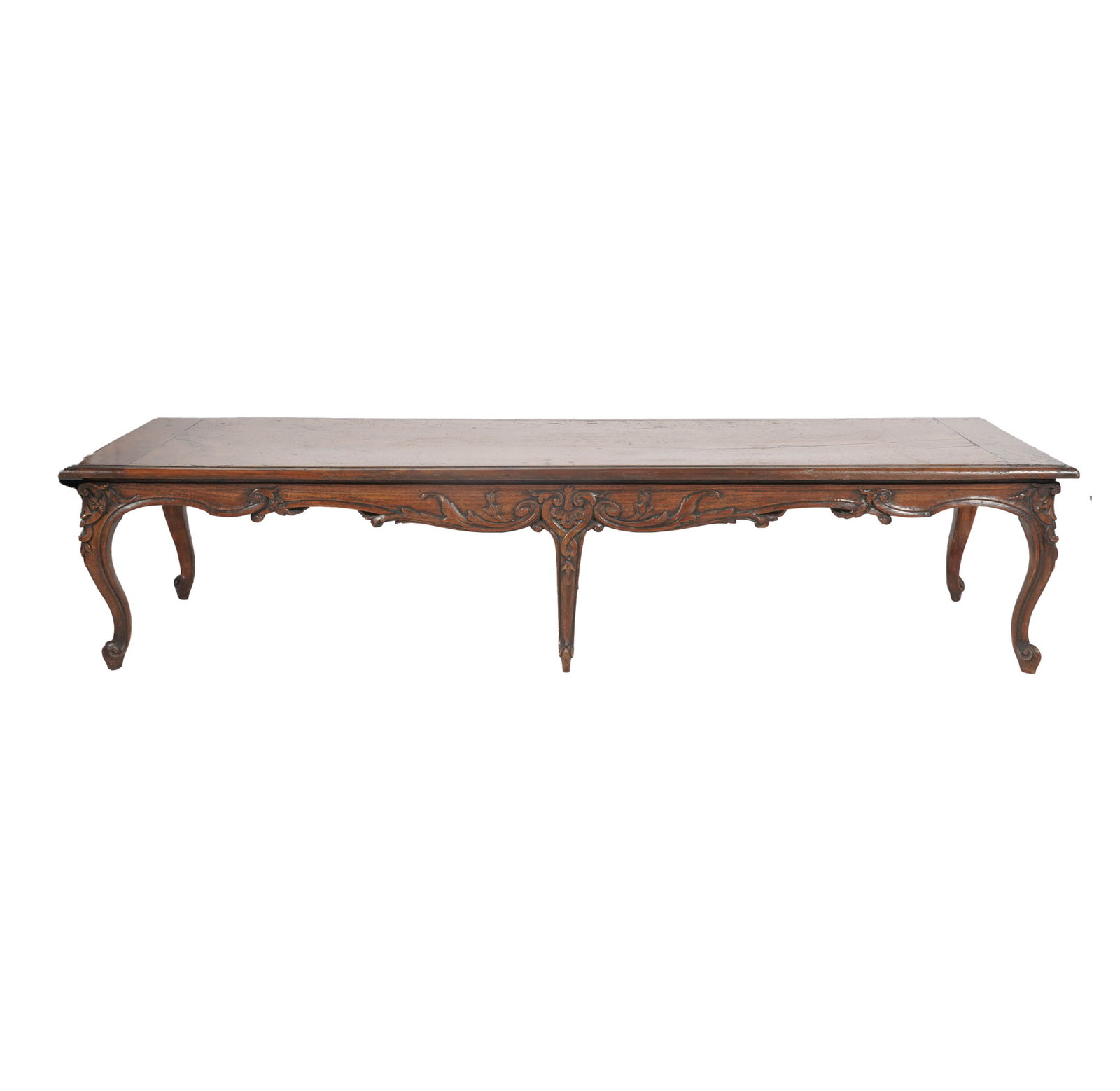 French Provincial Walnut Coffee Table: 15 1/2 x 71 x 22 in.