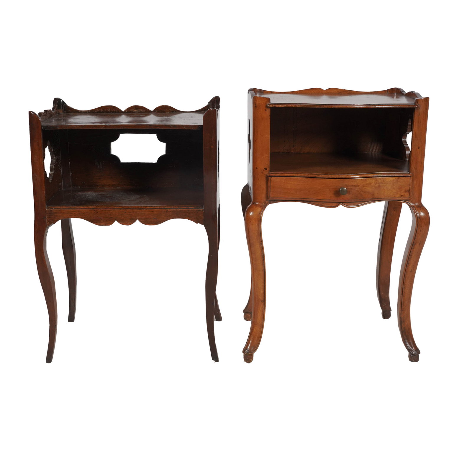 Two French Provincial Walnut End Tables: tallest: 29 1/4 x 18 3/4 x 14 in.