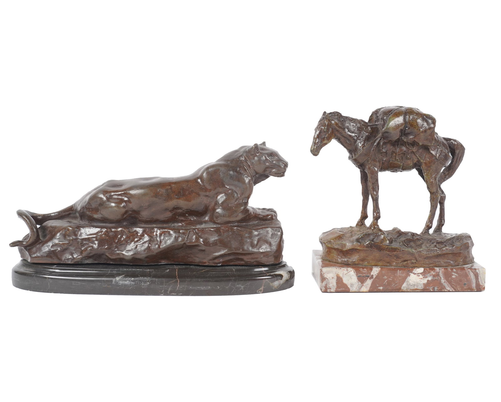 Two Bronze Animal Figures: The packing horse signed "CMR" for Charles Marion Russell (1864-1926), the Puma signed "Byre" for Antoine-Louis Barye (1796-1875)