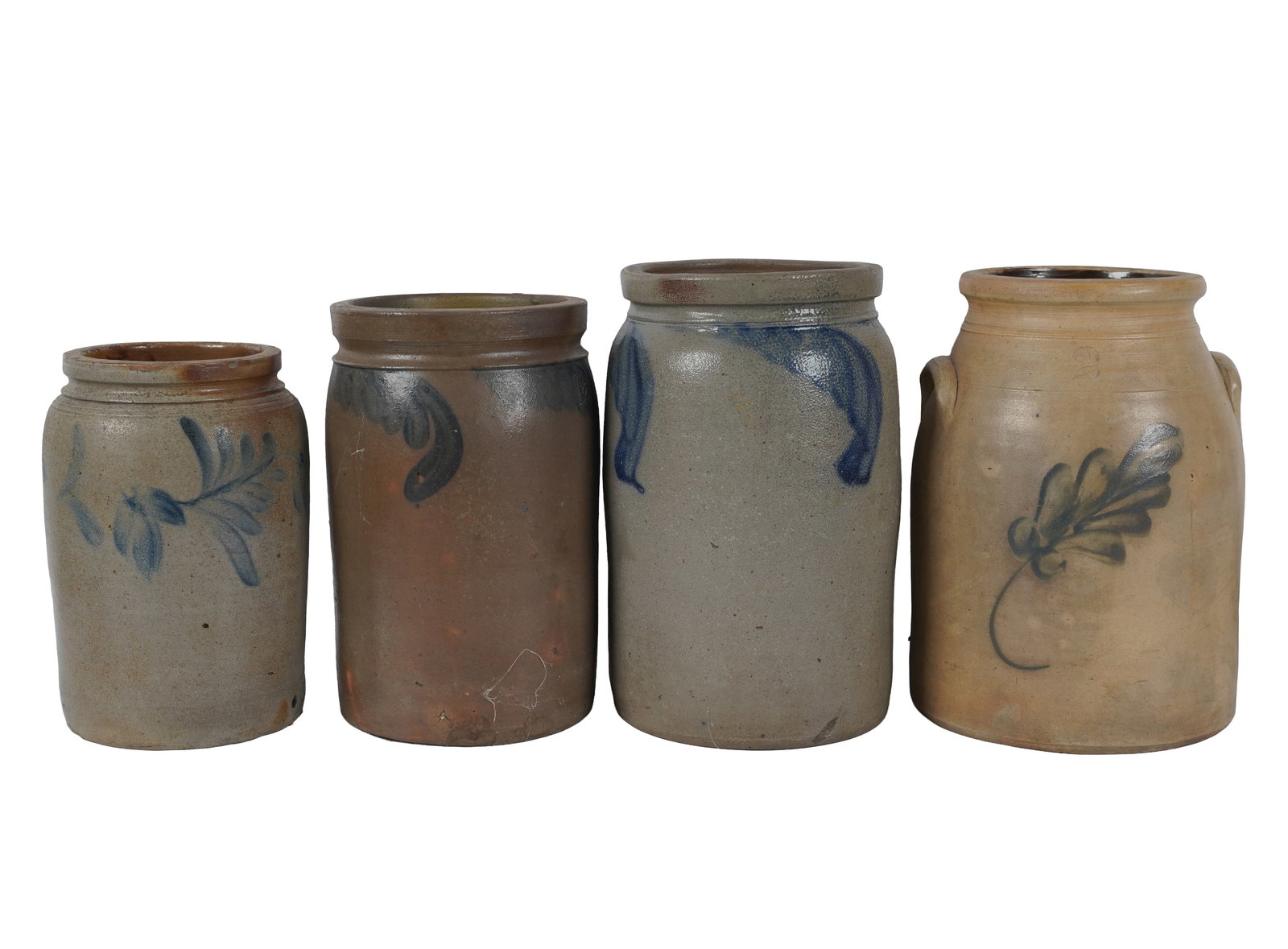 Four Antique Stoneware Crocks: 19th century, smallest 10 1/2 in. high, largest: 12 3/4 in. high
