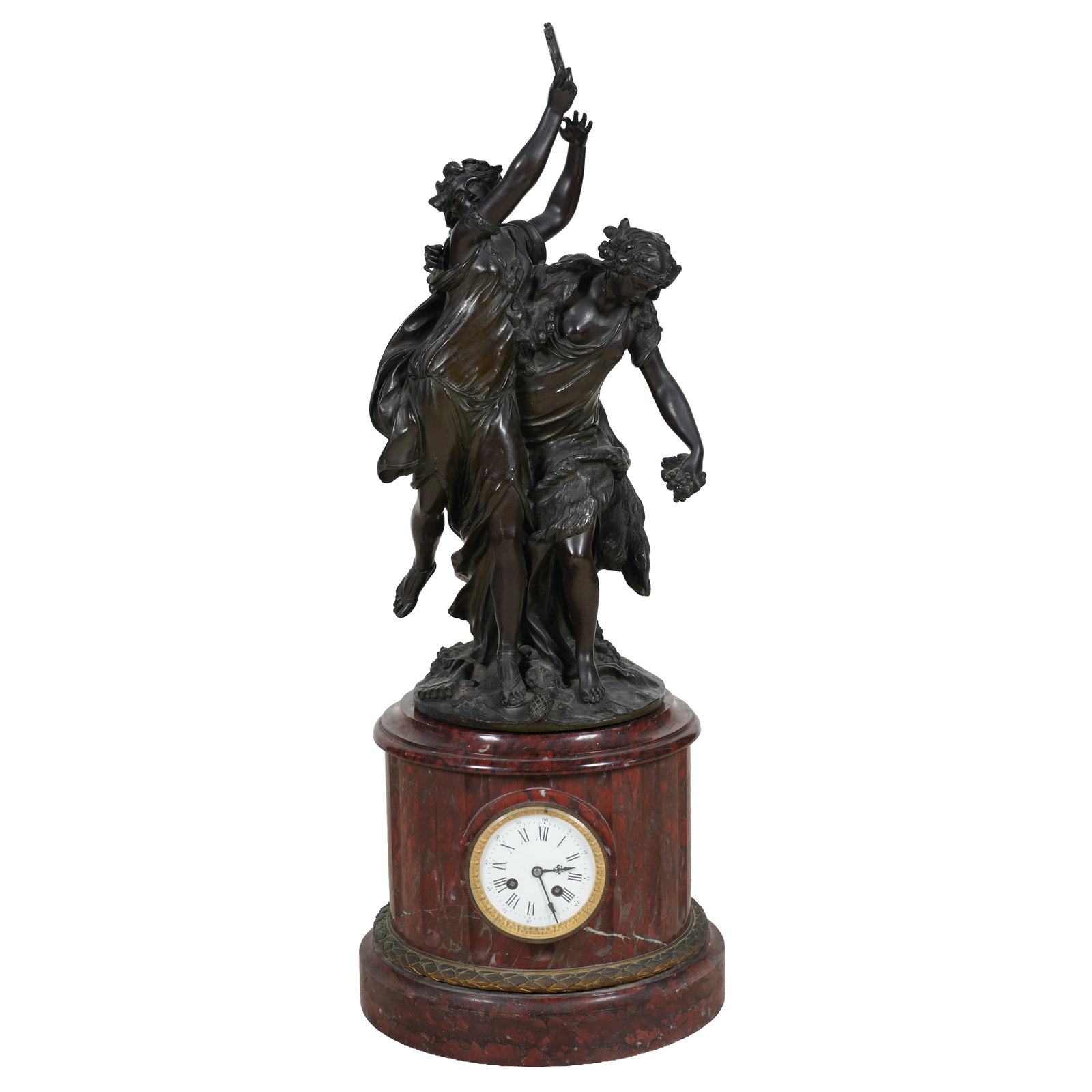 French Bronze and Rouge Marble Figural Mantel Clock: the bronze figural group inscribed "Clodion", the dial unsigned, overall: 33 1/2 x 13 in.