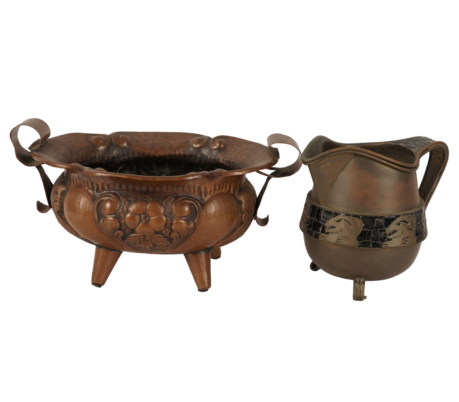 Two Embossed Copper Mexican Table Items: bowl: 7 1/4 x 13 3/4 in. pitcher: 7 1/4 x 8 1/2 x 6 in.