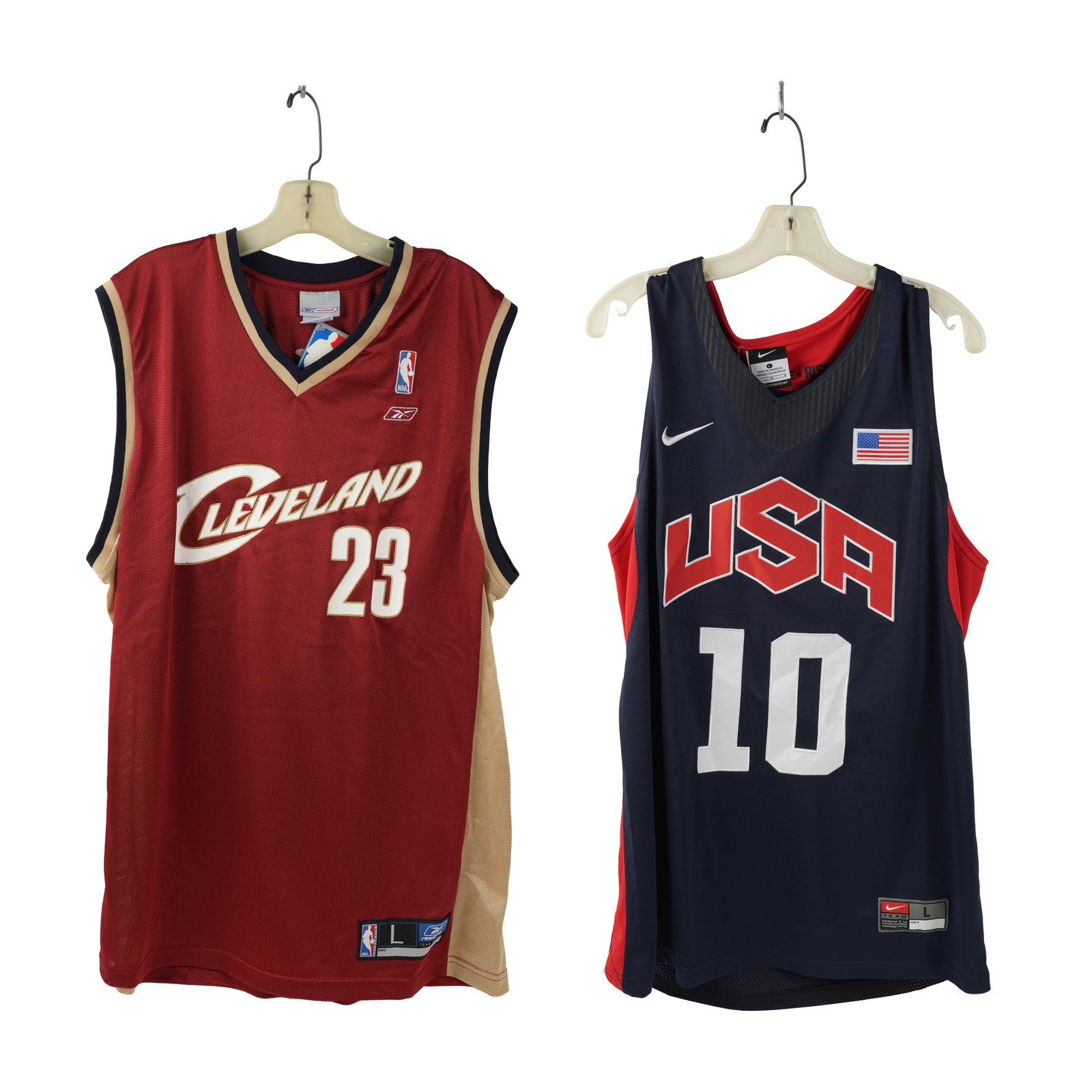 Two Basketball Jerseys: The Lebron James jersey of the Cleveland Cavaliers, the Kobe jersey, the Olympic #10, Each Jersey size Large