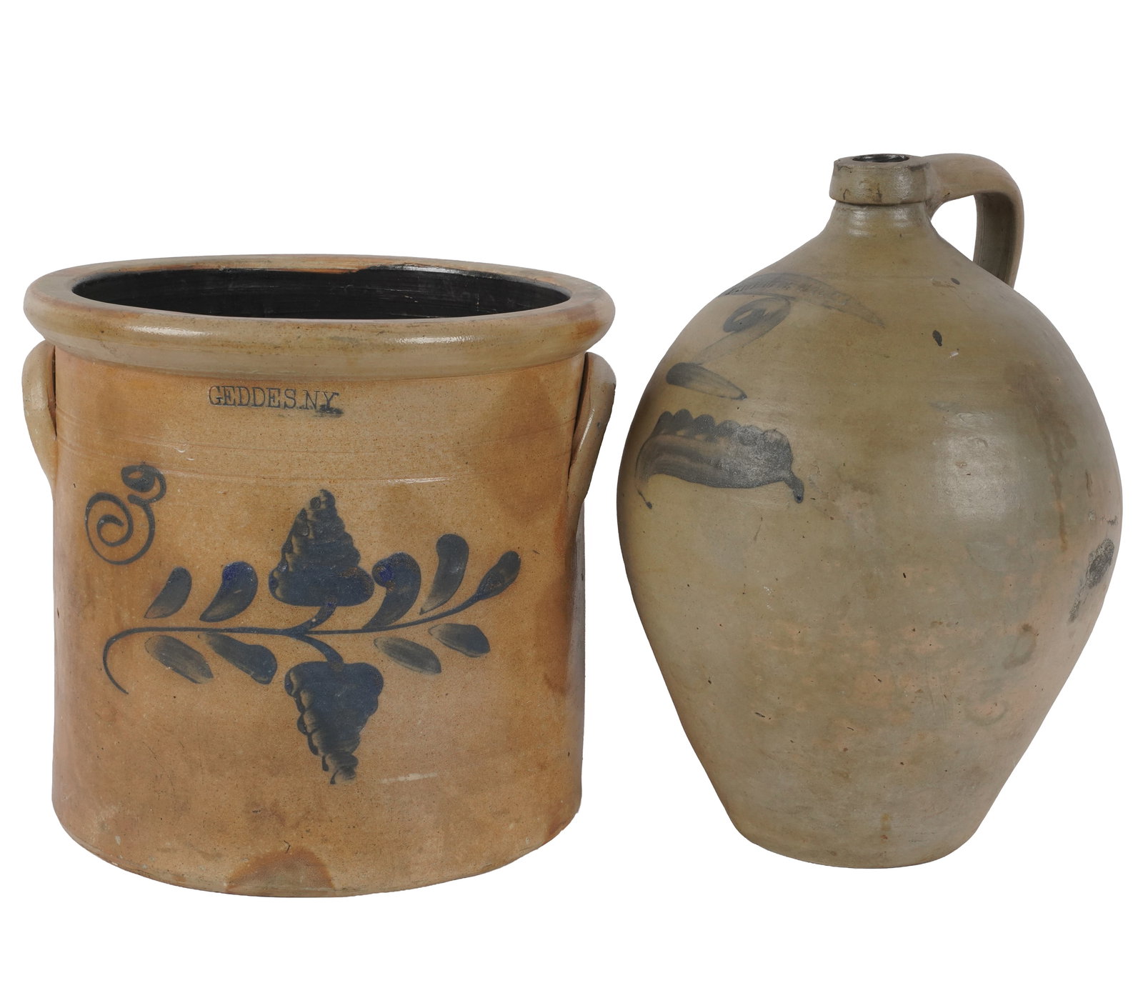 Antique Stoneware Crocks and Jug, New York: 19th Century, New York, one marked N. White Utica, and the other Geddes, New York, jug: 13 1/2 in. high, crook: 10 1/2 in. high